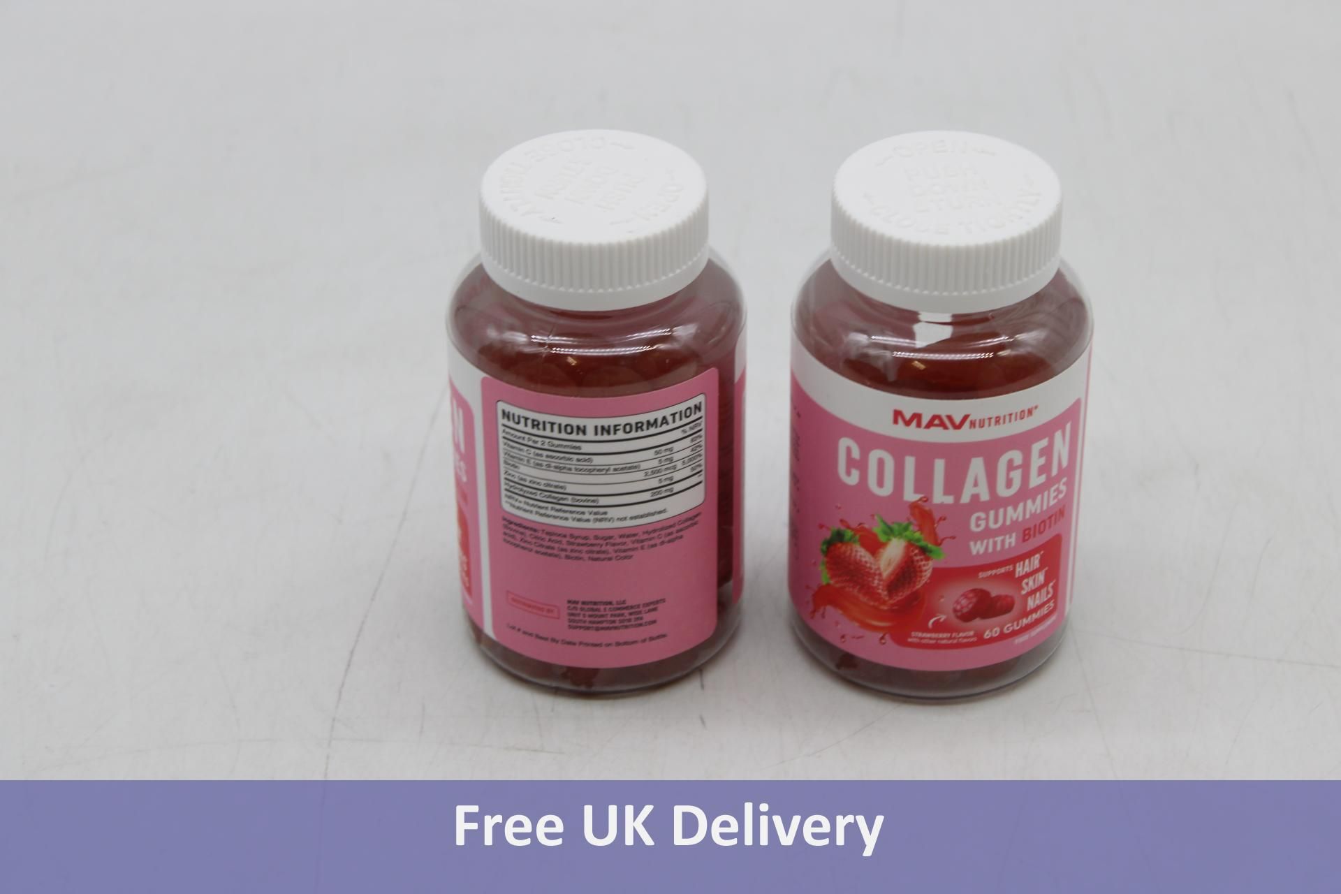 Five Bottles Mav Nutrition Collagen Gummies with Biotin, Strawberry, 60 Gummies per Bottle, Exp. 05/