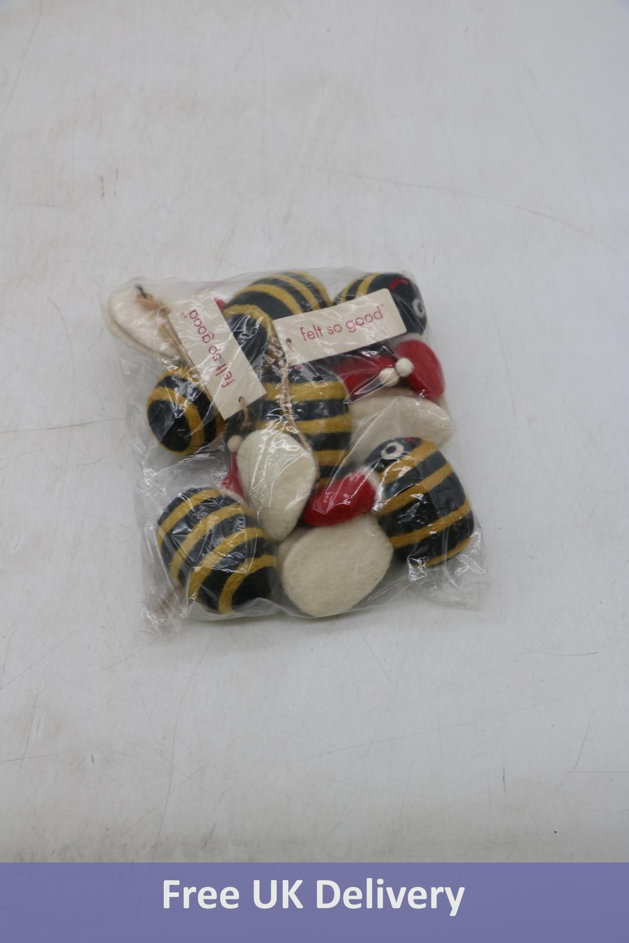 Six Christmas Tree Decoration Handmade Hanging Festive Bee, Yellow/Black/Red