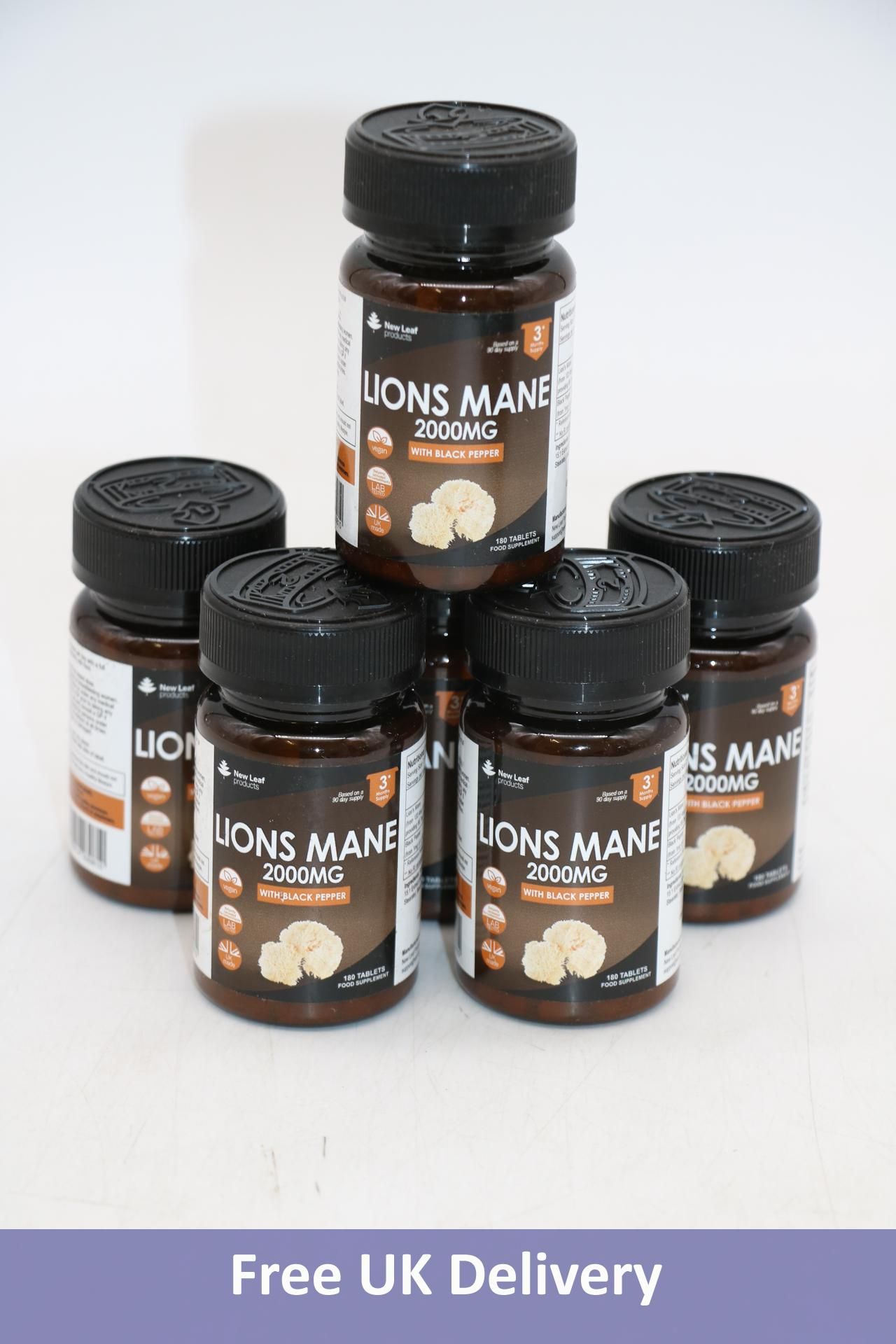 Five Bottles of Lions Mane Mushroom 2000mg, 180 Per Bottle, High Strength Vegan Tablets, Brown