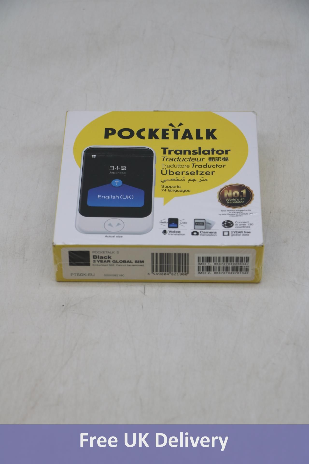 Pocketalk S, Black, Two-way Voice Translator. Not tested, SIM validation not known