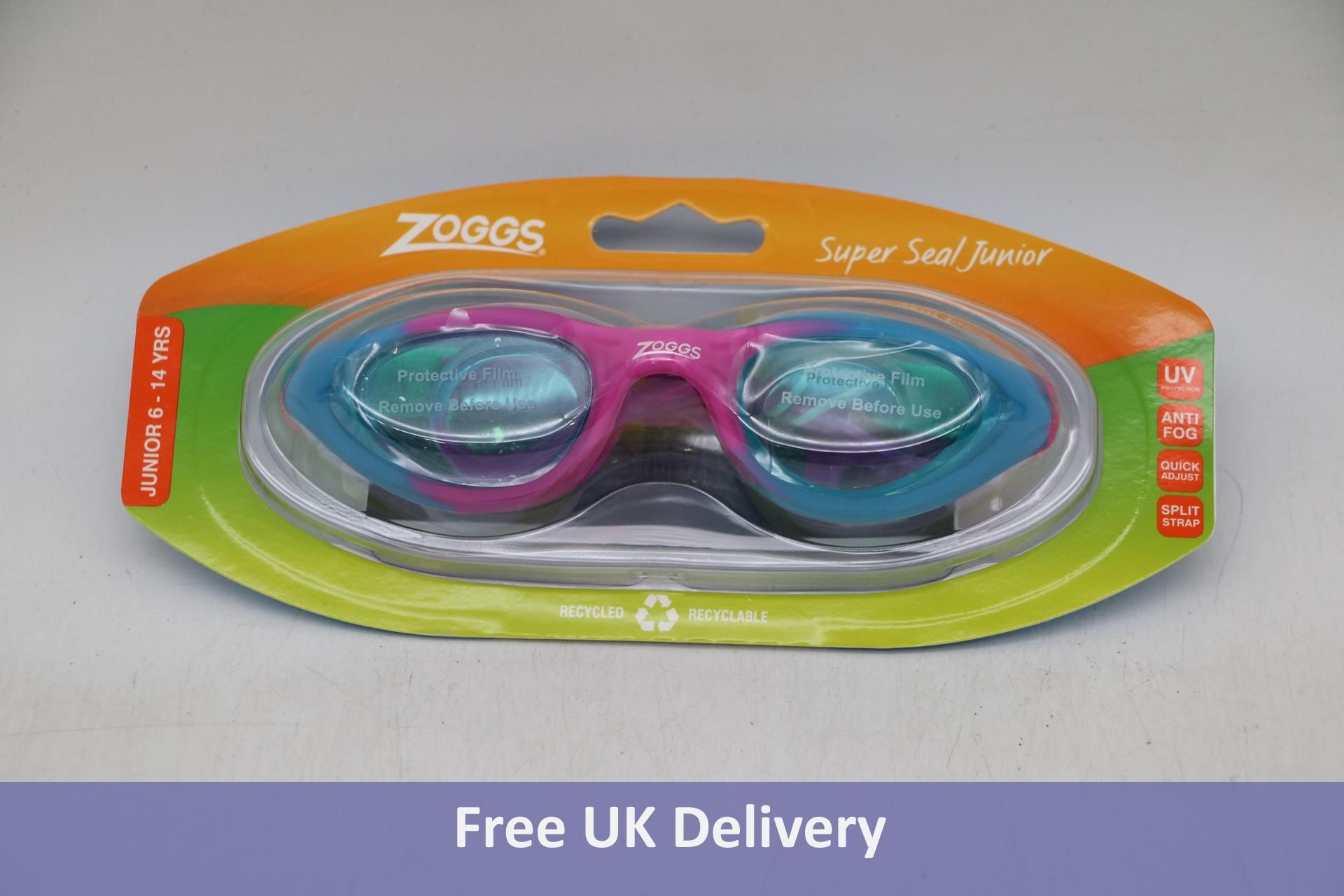 Six Zoggs Super Seal Junior Swimming Goggles, Pink/Blue