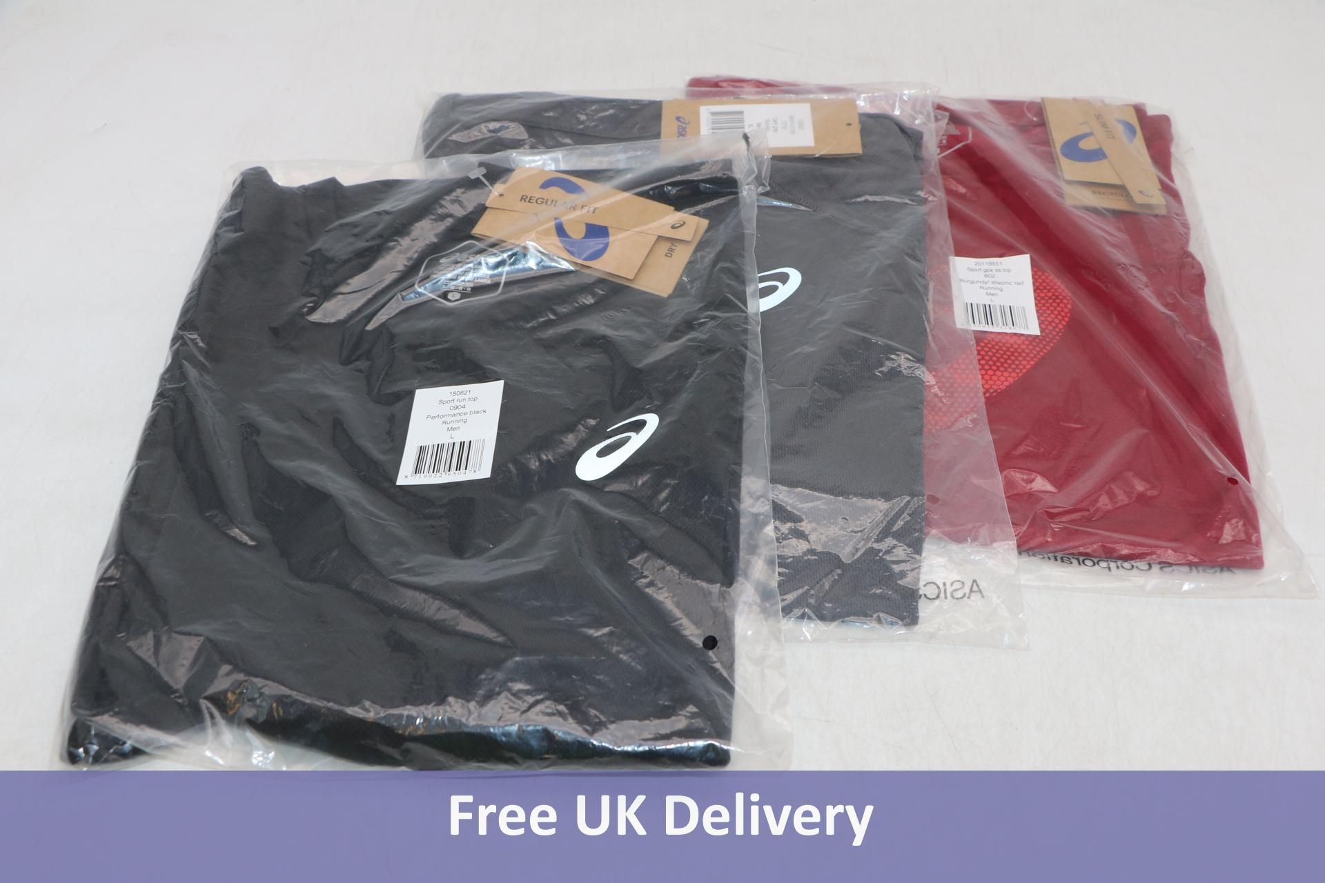Two Asics Sport Run Top, Black, UK L, Grey UK XL, One Sport T-Shirt Crew Neck, Burgundy, UK L