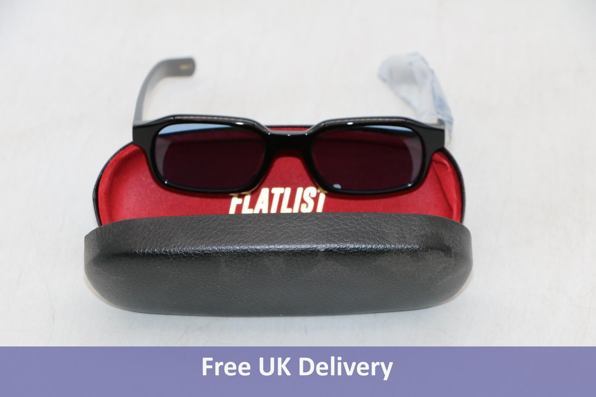 Flatlist Hanky Sunglasses, Solid Black/Solid Blue Lens 005 180. Box damaged