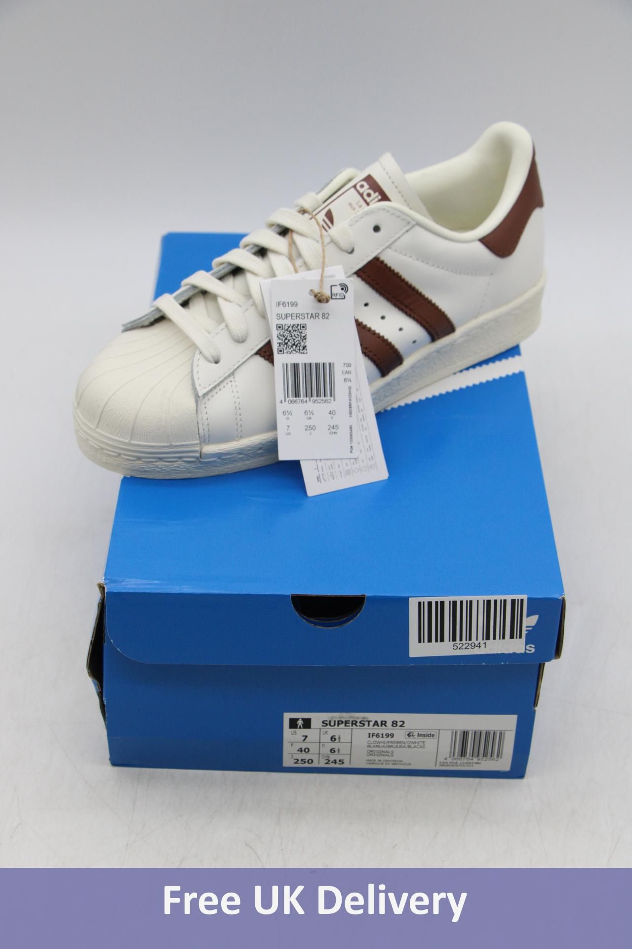 Adidas Superstar 82 Trainers, White/Brown, UK 6.5. Box damaged