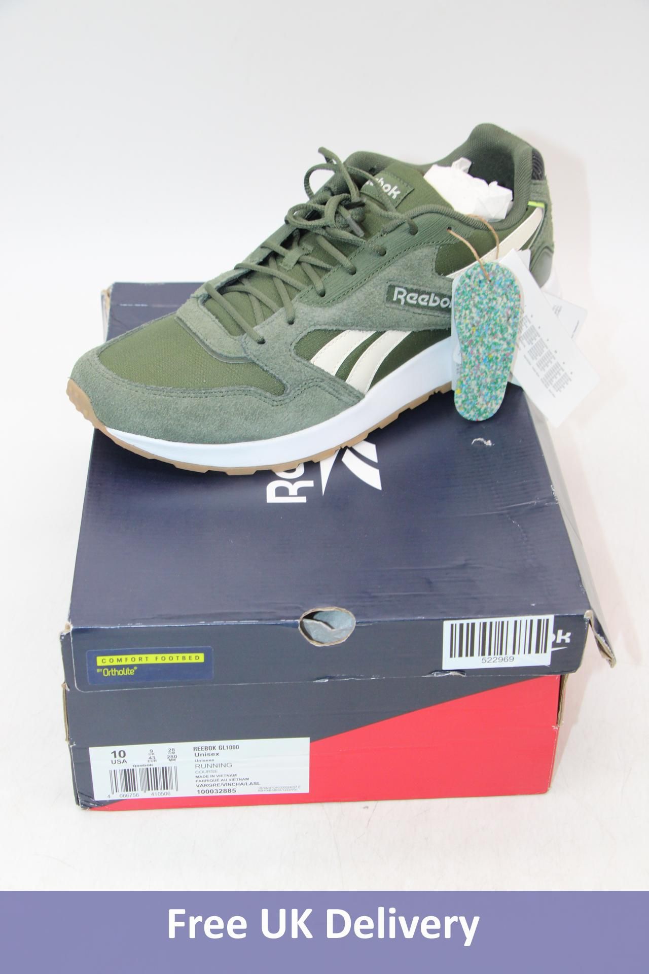 Reebok GL1000 Running Trainers, Green/White, UK 9. Box damaged