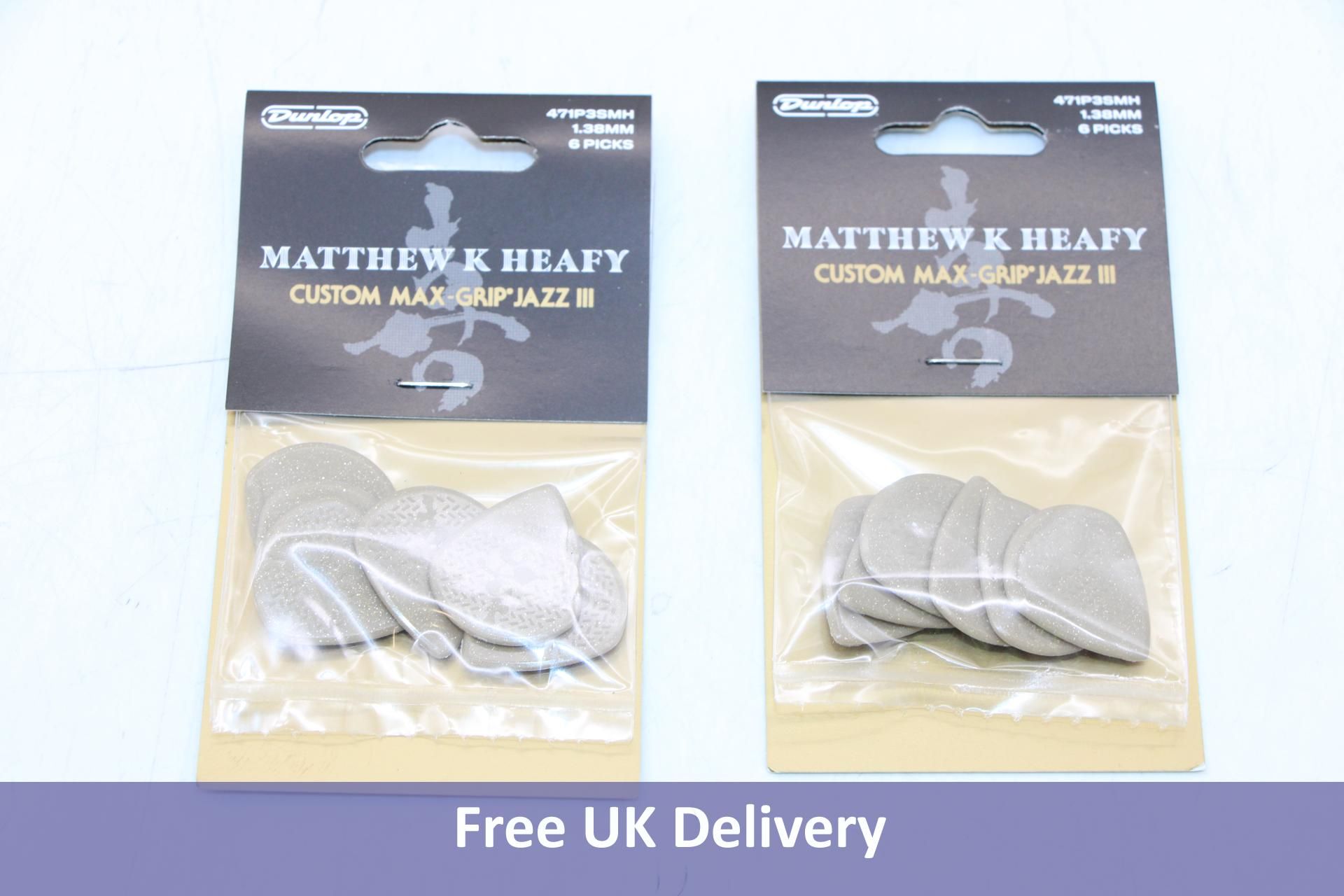 Six packs of Dunlop 6 Pick Matthew K Heafy Custom Max Grip Jazz 3, Gold, Size 1.38mm