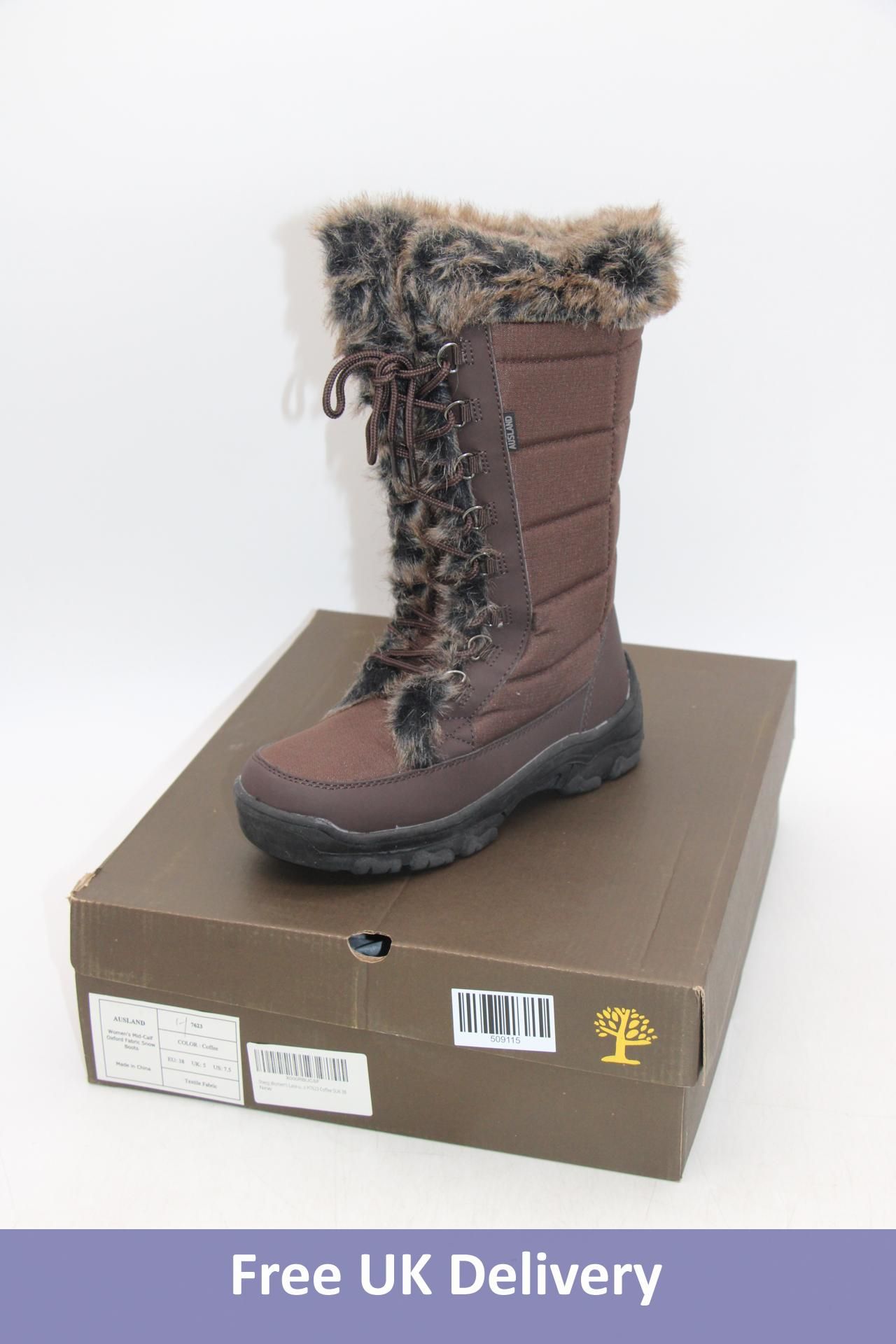Ausland Woman's Lace Up Midcalf Fabric Snow Boots, Coffee, UK 5. Box damaged