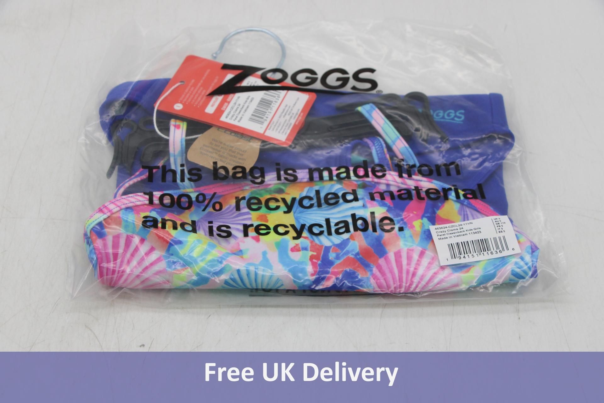 Six Zoggs Kids Crazy Clams Panal Classic Back Swimsuits to include Multi, 2x UK 2, 2x UK 3, 2x UK 4