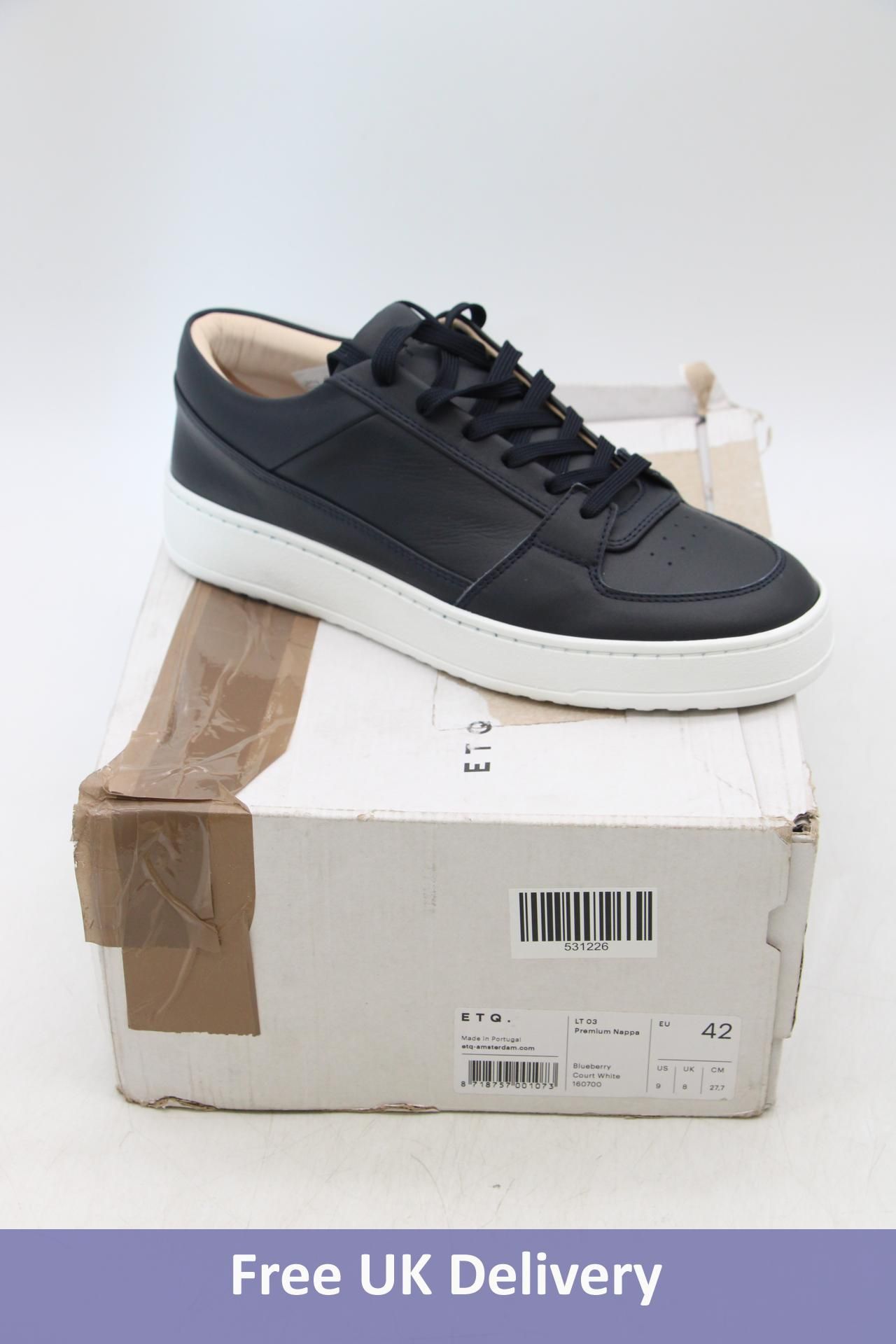 ETQ LT 03 Premium Nappa Trainers, Navy/White, UK 8. Box damaged