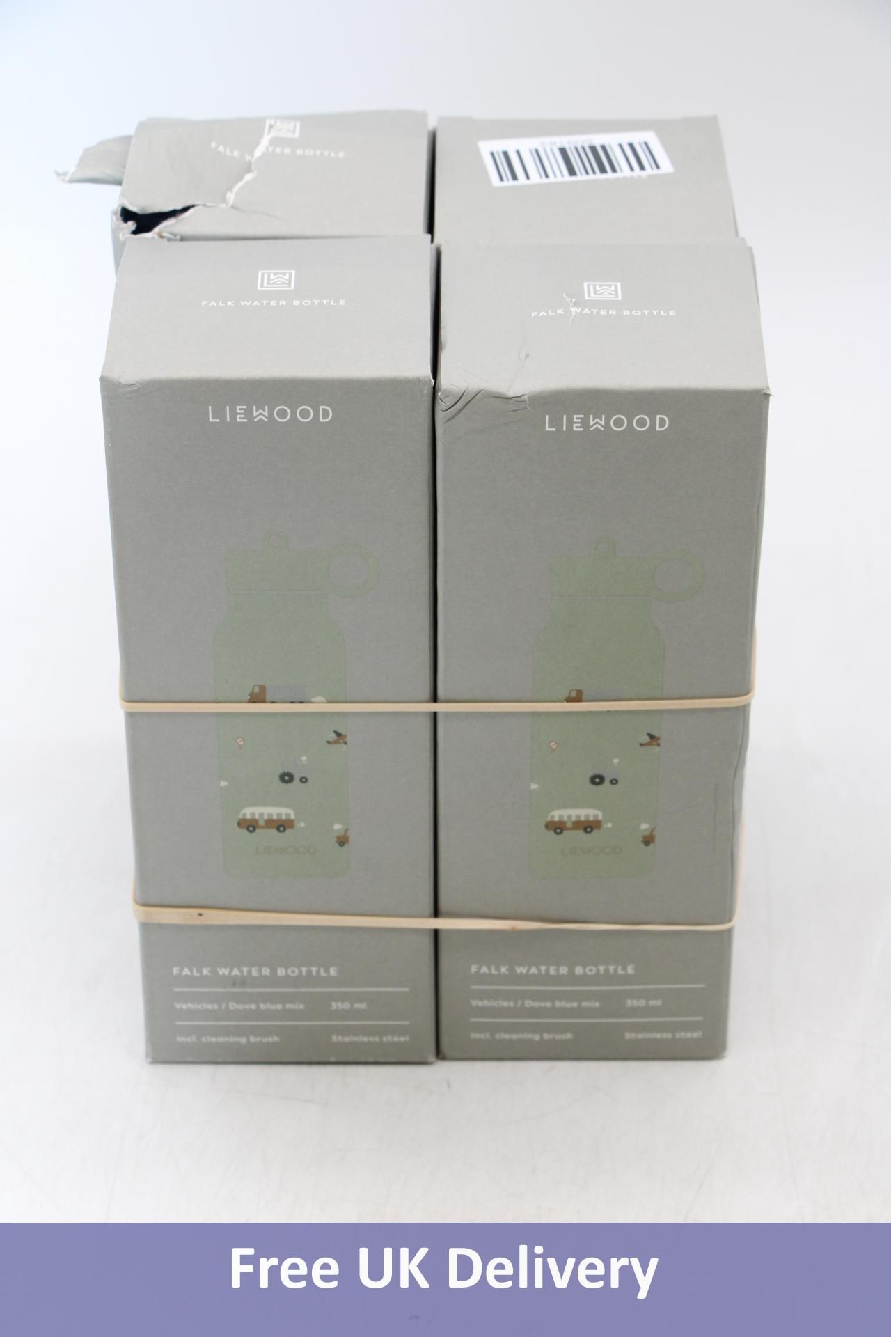 Four Liewood Falk 350ml Water Bottles, Vehicles/Dove Blue Mix, Some Boxes Damaged