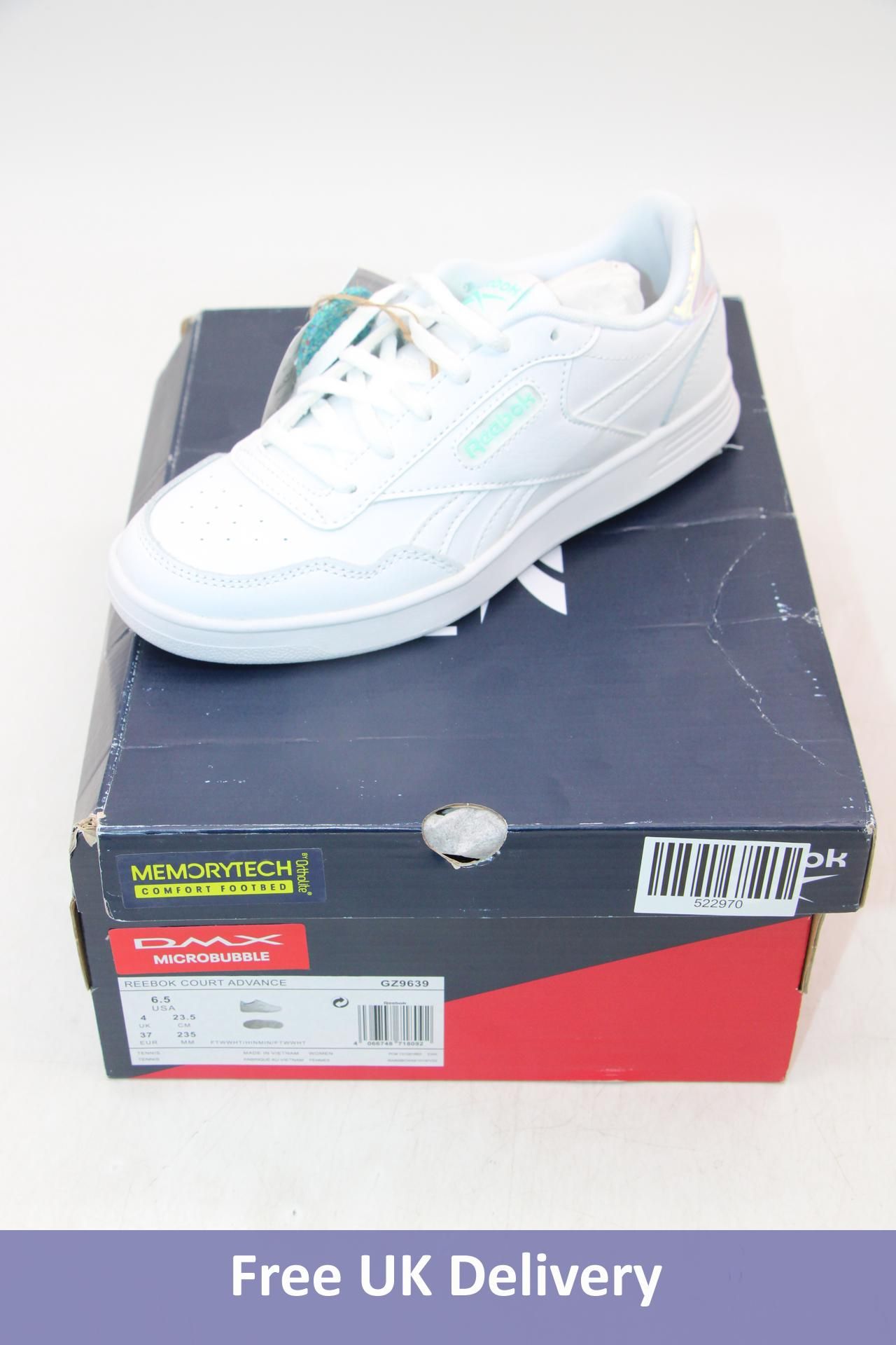 Reebok Court Advance Trainers, White/Teal, UK 4. Box damaged