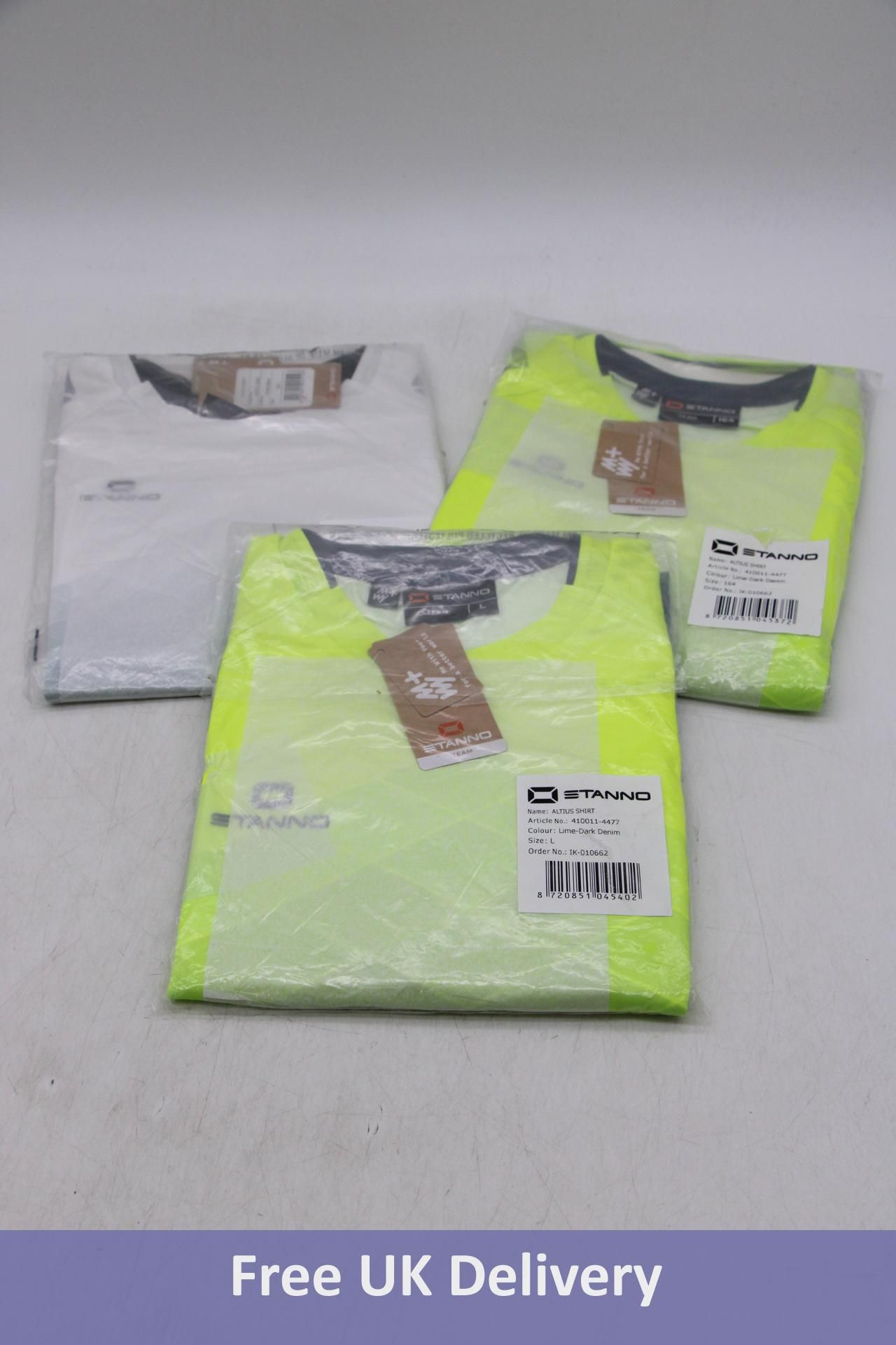 Three Stanno Altius Shirts to include 1x White/Black, Size 152, 1x Lime/Dark Denim, Size L, 1x Lime