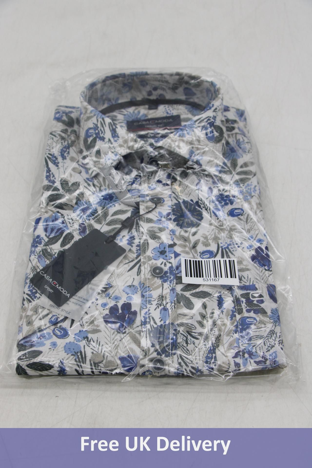 Casamoda Linen Short Sleeve Floral Print Casual Fit Shirt, Blue, Large