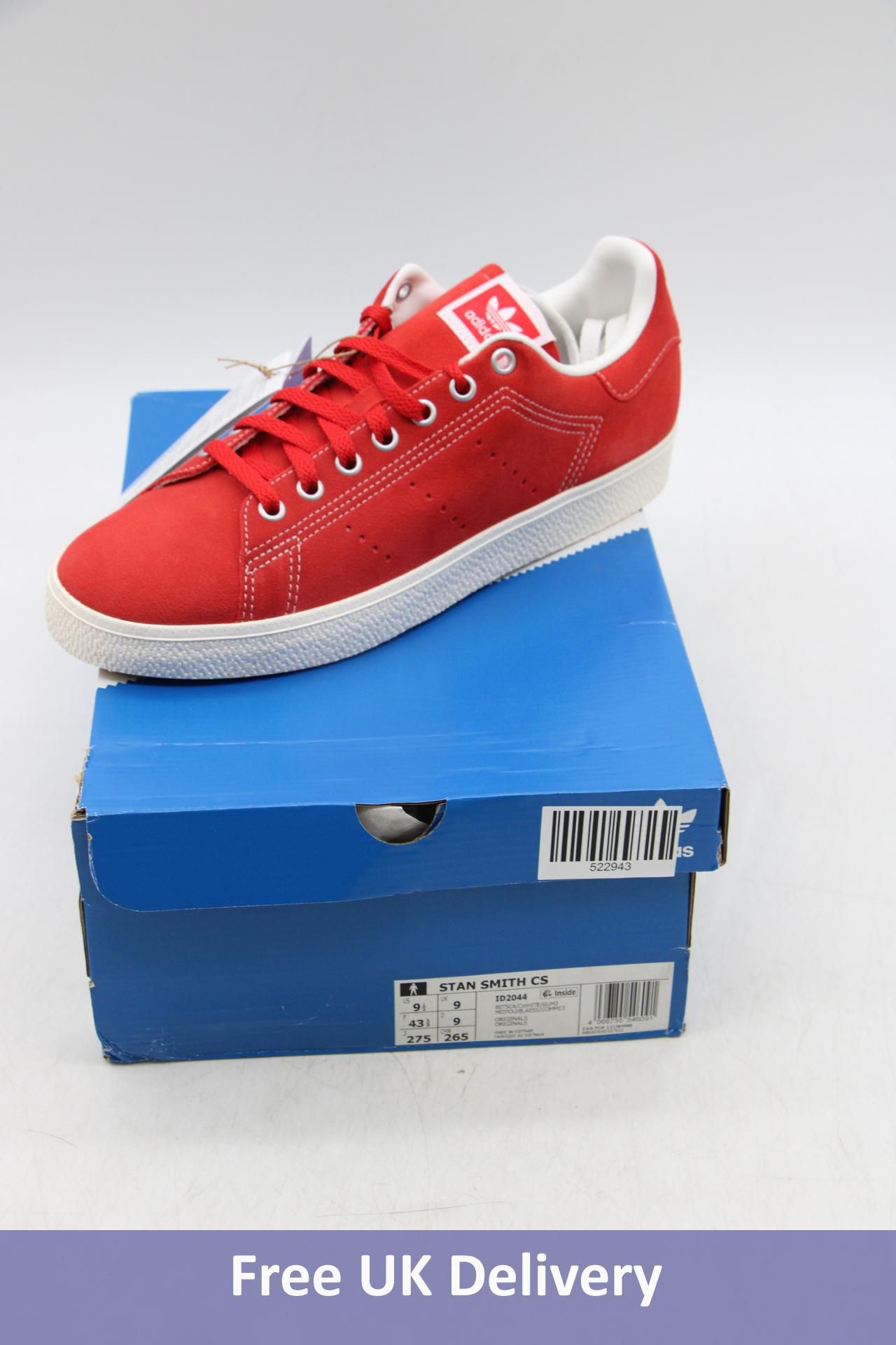 Adidas Stan Smith CS Suede Trainers, Red/White, UK 9. Box damaged