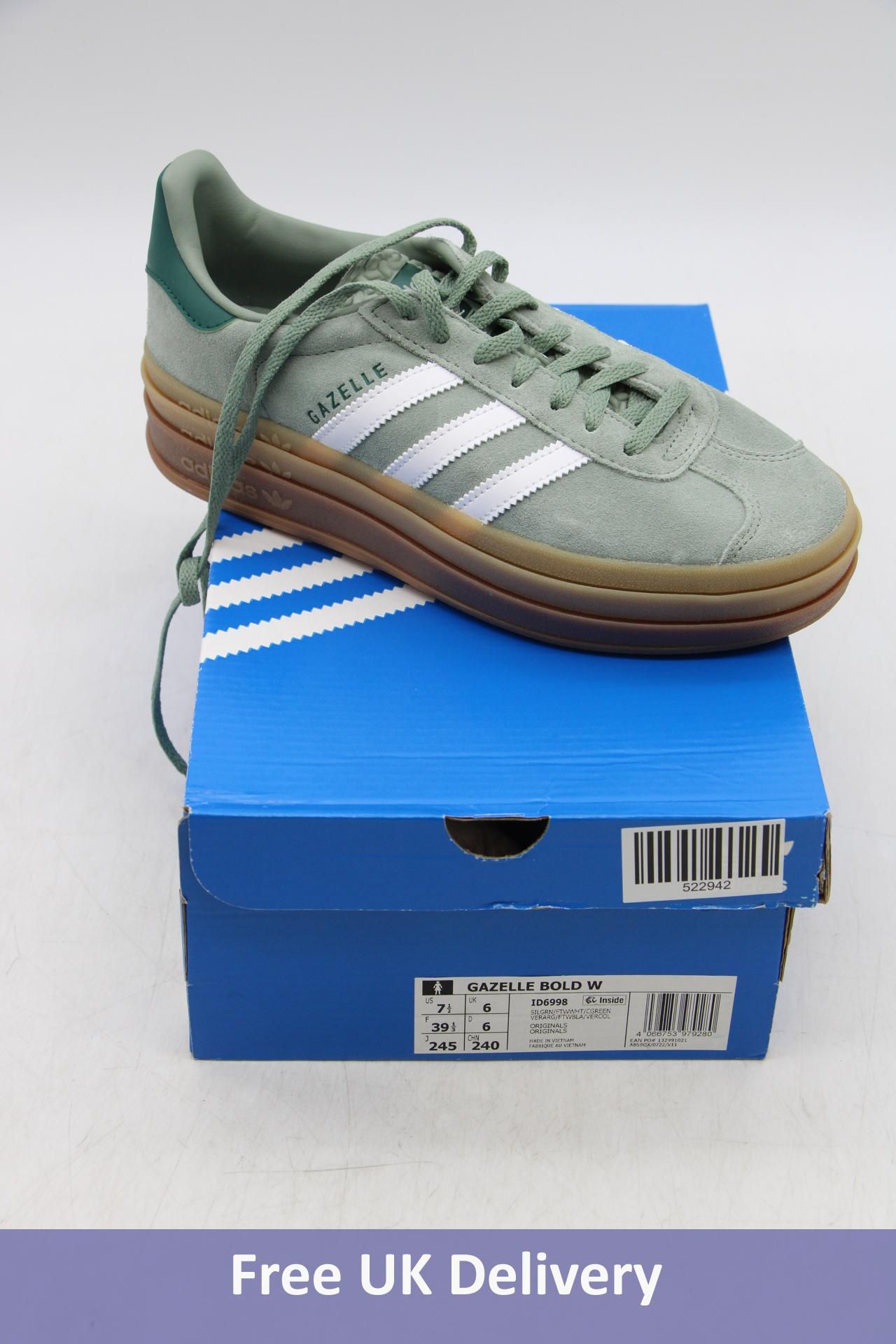 Adidas Gazelle Bold Suede Trainers, Green/Brown, UK 6. Box damaged