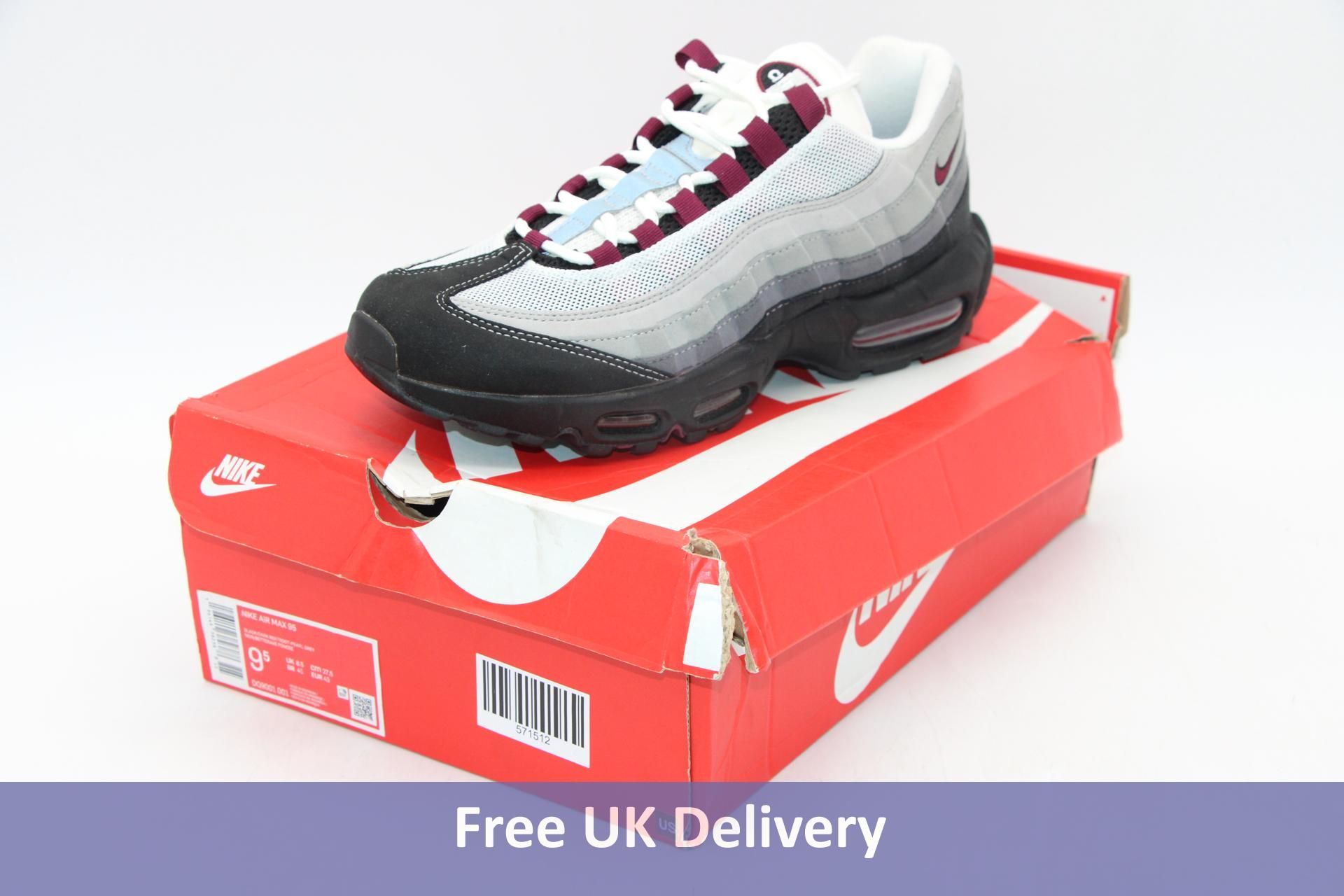 Nike Air Max 95, Black/Dark Beetroot/Pearl Grey, UK 8.5. Box damaged