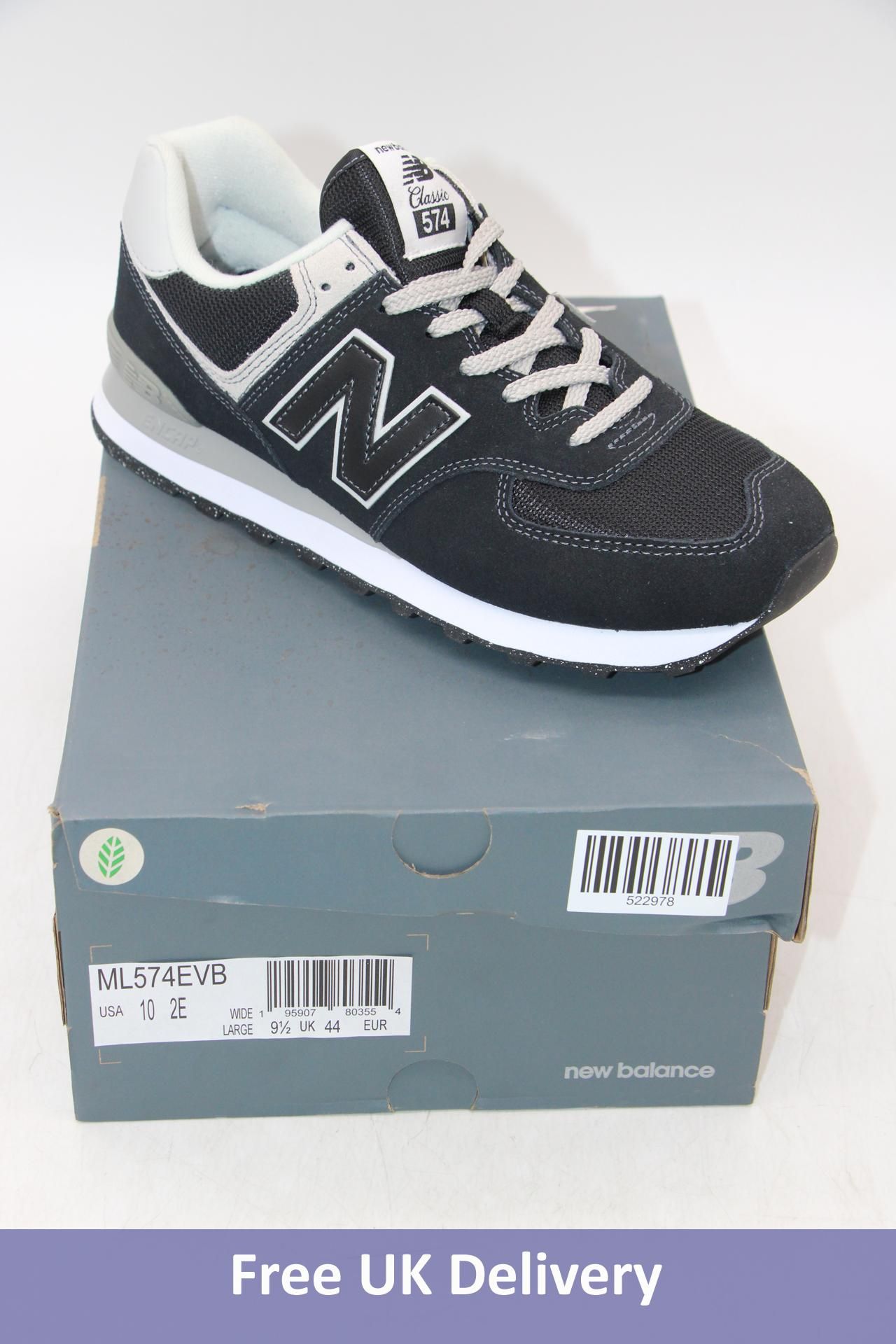 New Balance 574 Suede Trainers, Black/White/Grey, UK 9.5. Box damaged