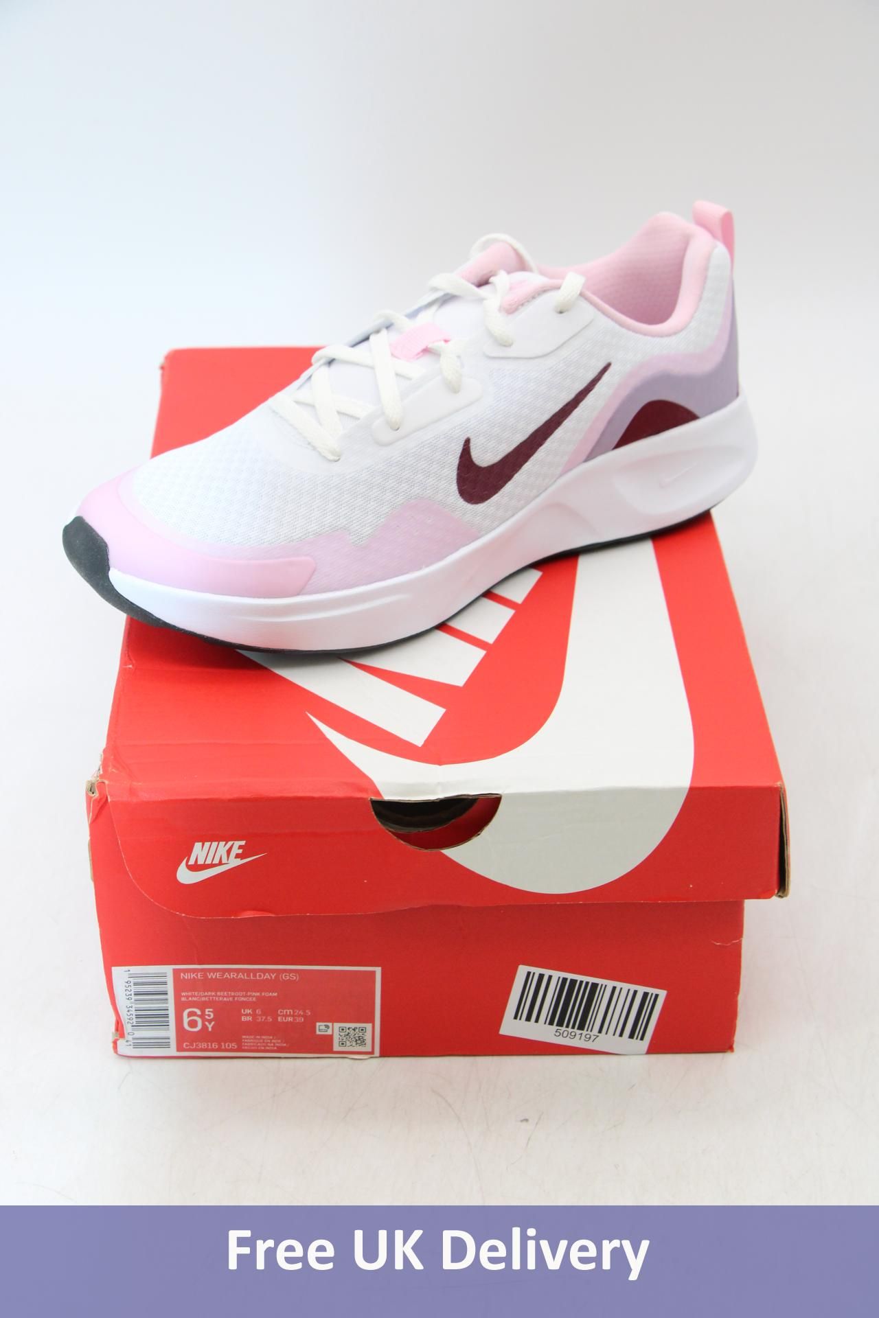 Nike Kids Wear All Day Trainers, White/Dark Beetroot/Pink, UK 6. Box damaged