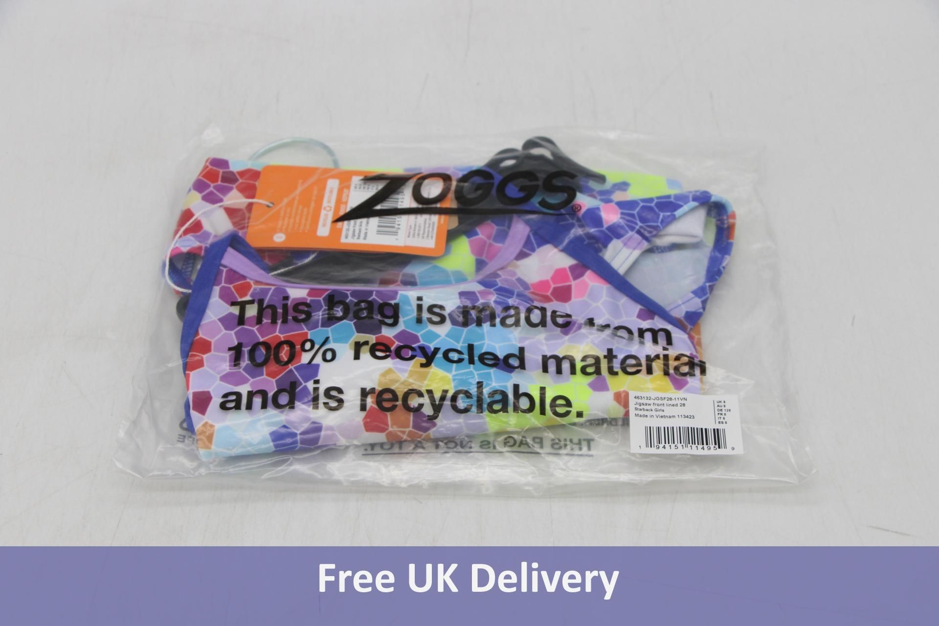 Five Zoggs Kids Jigsaw Front Lined Starback Swimsuits to include Multi, 1x UK 6, 1x UK 8, 1x UK 10,