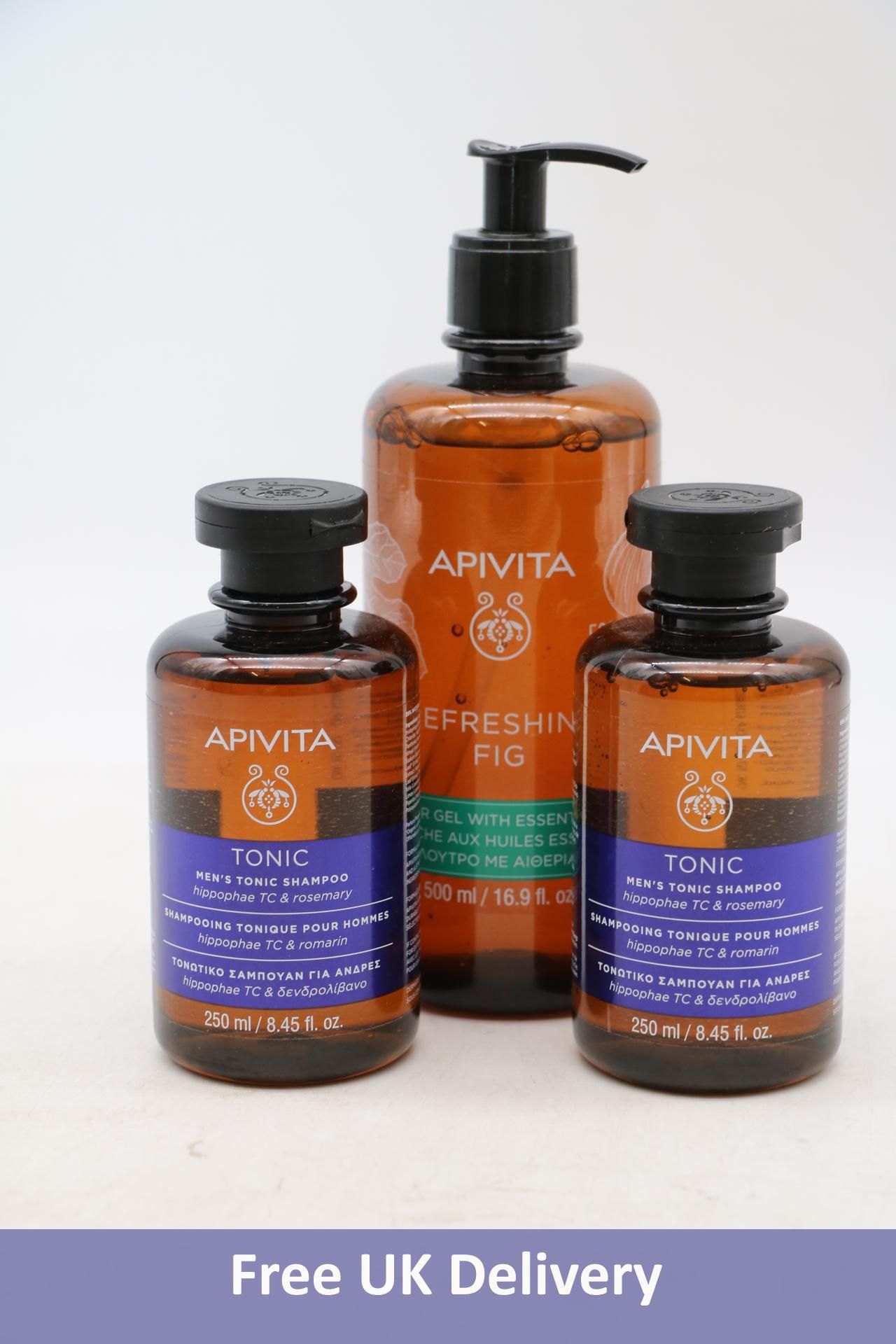 Two Apivita Men's Tonic Shampoo's 250ml and One Refreshing Fig Shower Gel 500ml