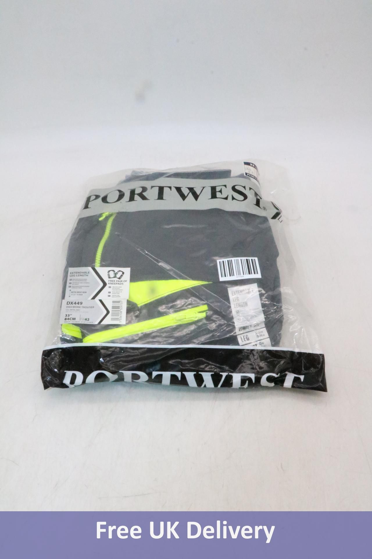 Two Portwest DX449 Extendable Leg Length Work Trousers, Dark Grey/Neon Yellow, W33 L31-33