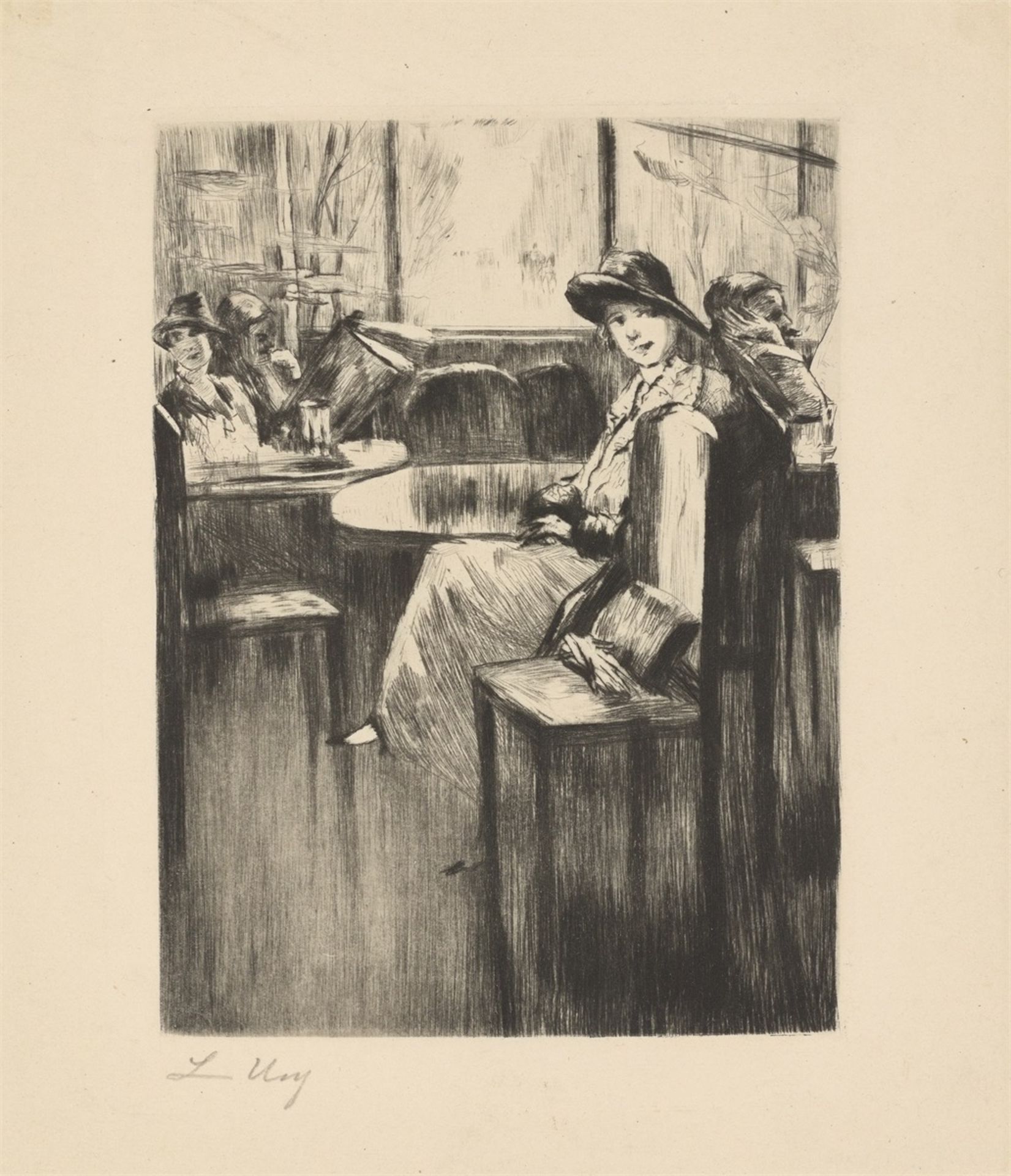 Lesser Ury. „Junges Mädchen im Café mit Straßenblick“. 1924