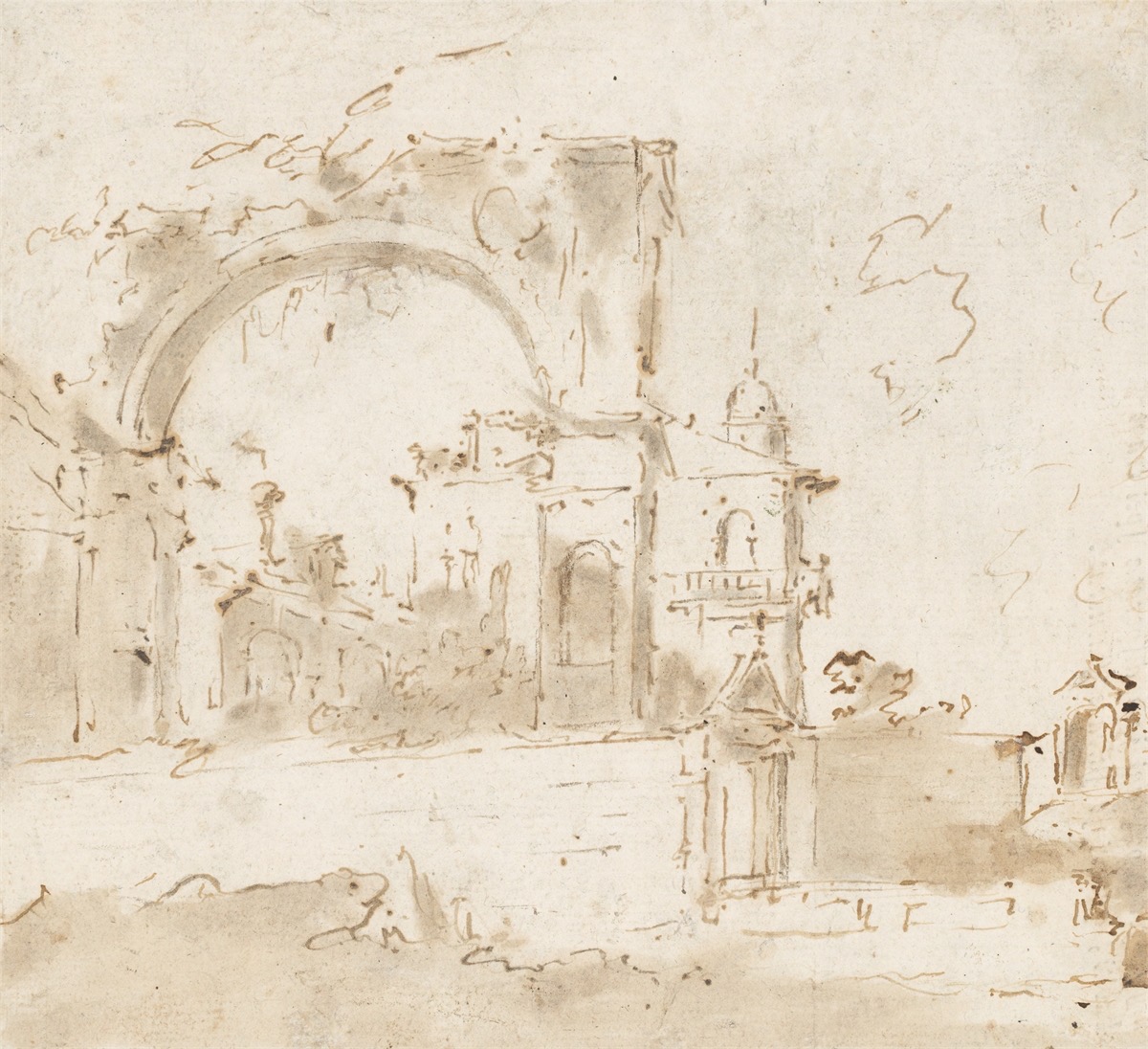 Francesco Guardi. Capriccio mit Gebäuden und Bögen. Um 1790