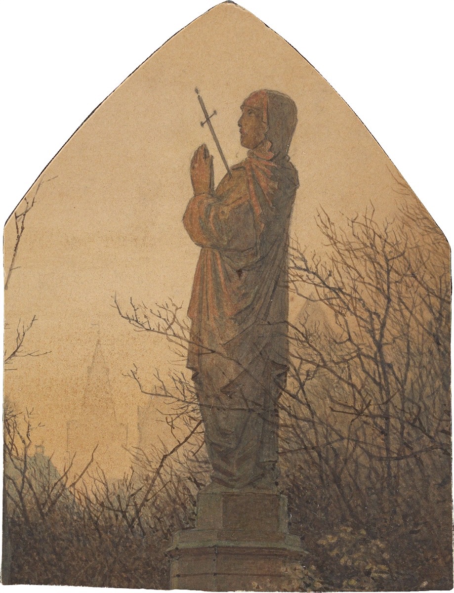 Dresden, um 1830. Mater Dolorosa im Abendlicht vor Kirchensilhouette.