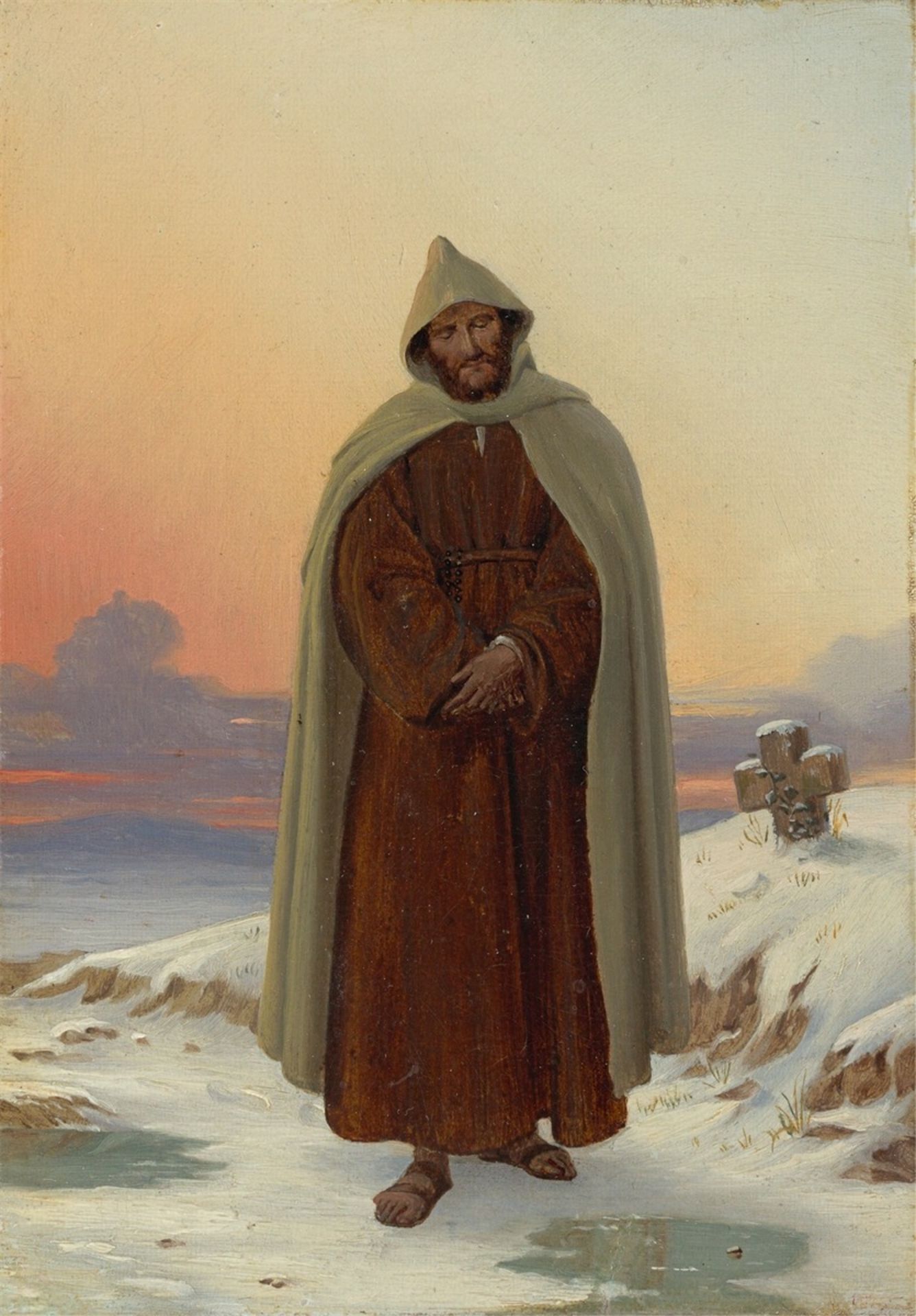 Düsseldorf, circa 1830/40. Monk going on a pilgrimage in the snow.