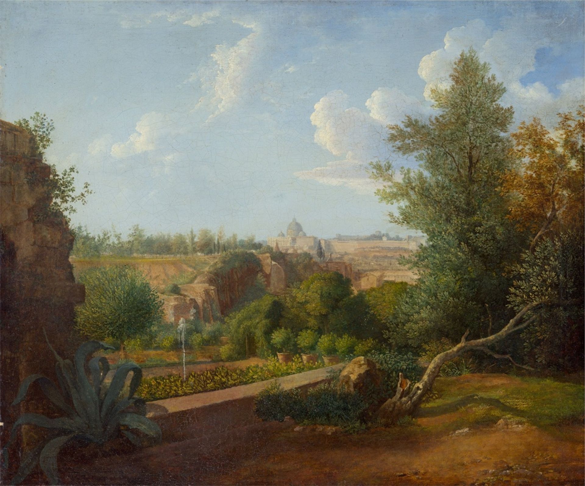 German or French, circa 1820. View of Rome from the gardens of Villa Borghese with St. Peter's Ba….
