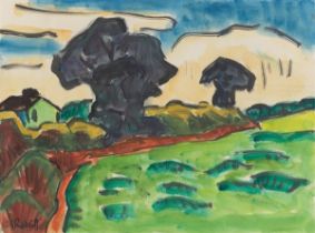 Karl Schmidt-Rottluff. Landscape with dark trees. Circa 1962