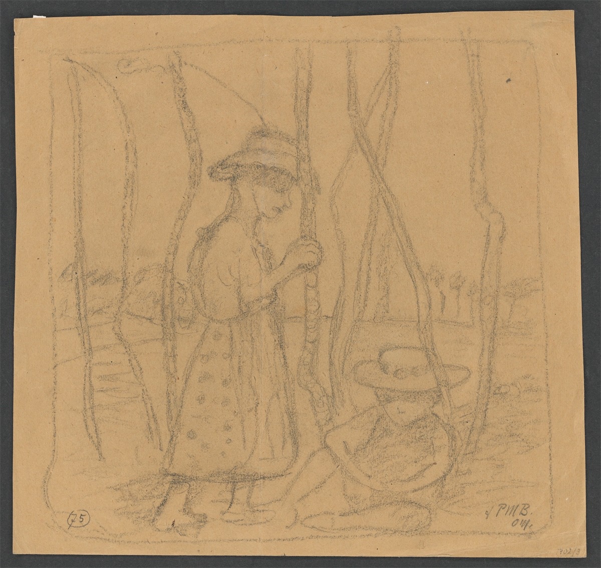 Paula Modersohn-Becker. ”Kompositionsstudie: Zwei sitzende [sic!] Kinder zwischen Birkenst…. 1902/03 - Image 2 of 2