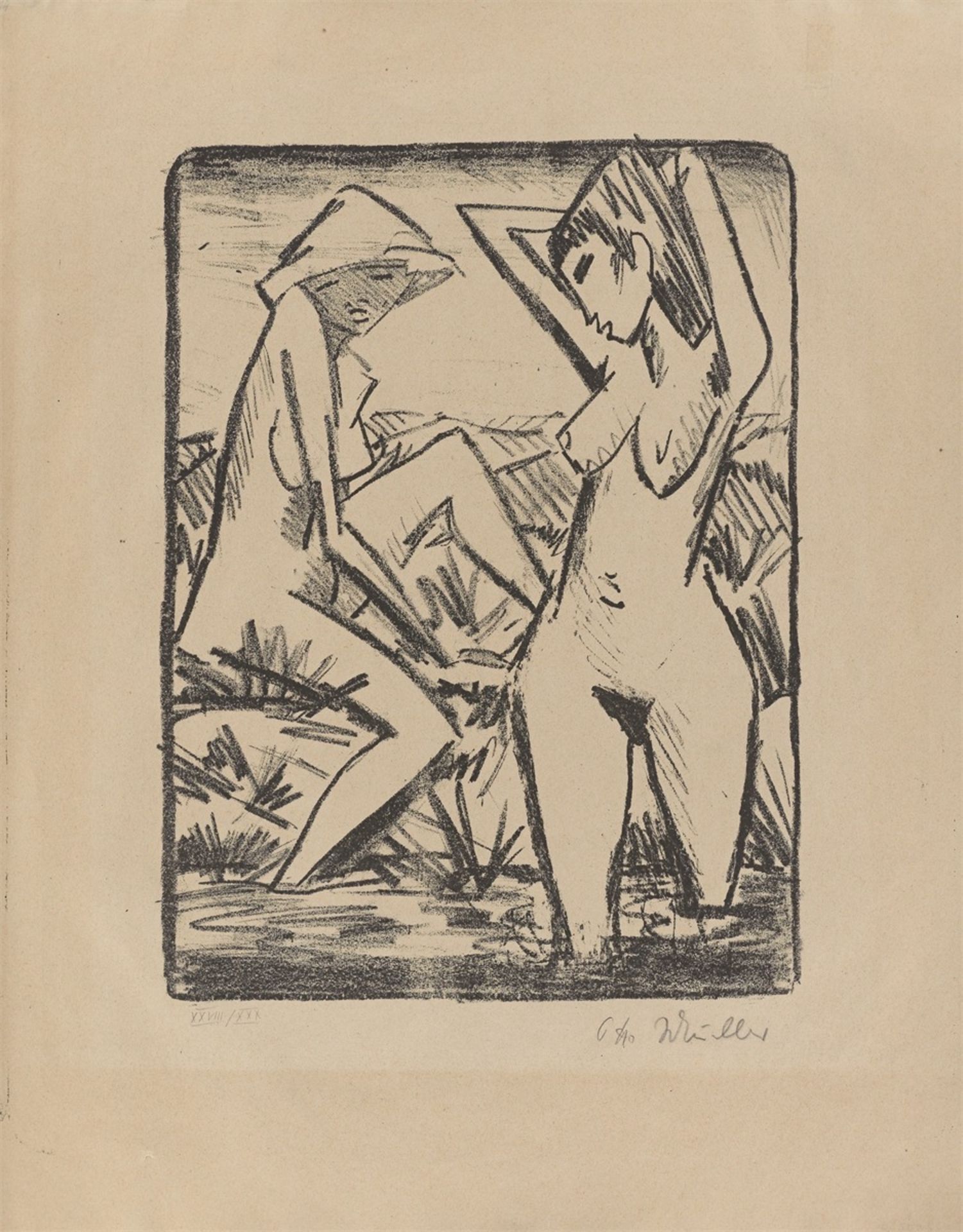 Otto Mueller. ”Im Wasser stehendes und am Ufer sitzendes Mädchen mit Hut”. 1921/22