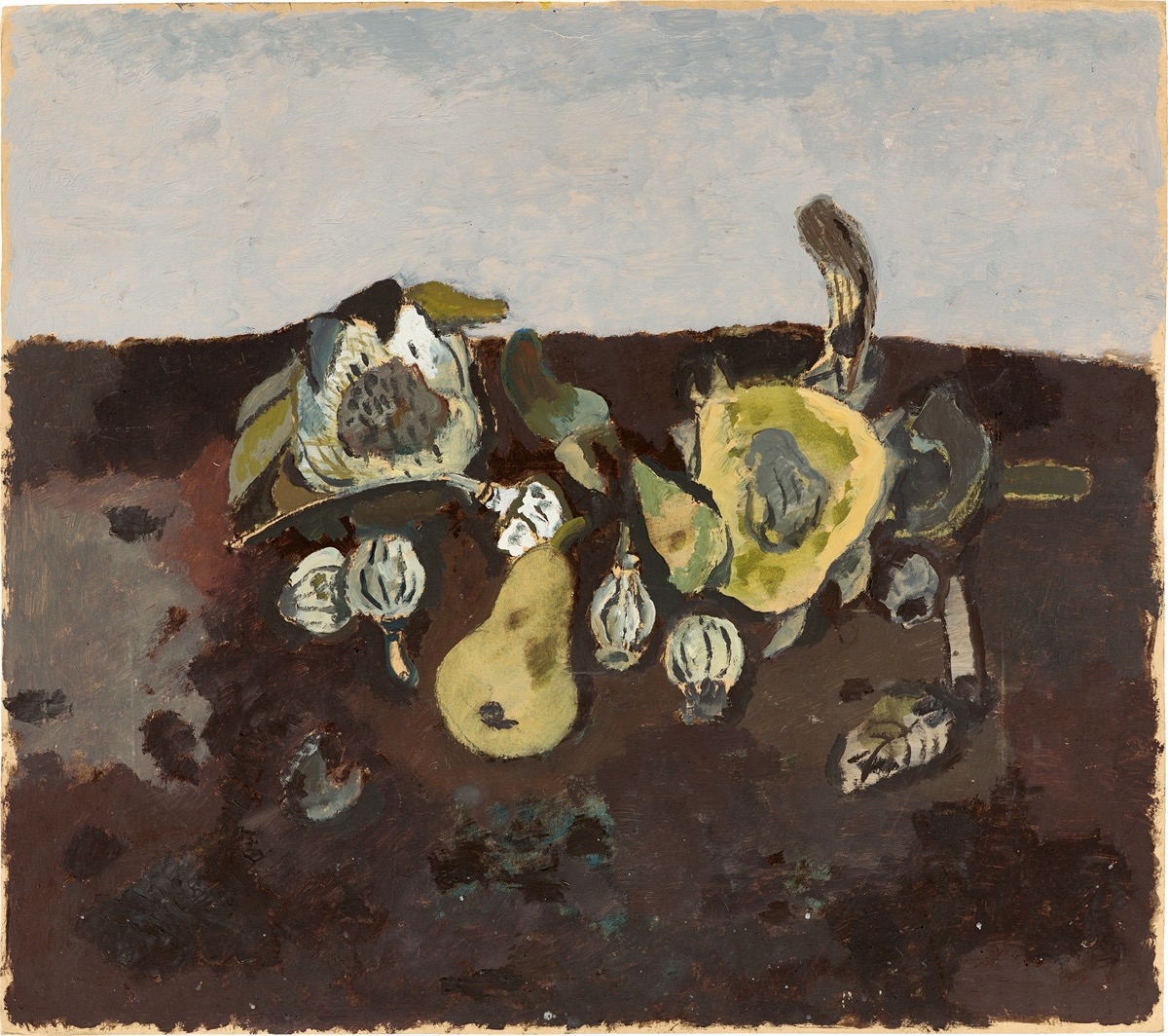Hermann Bachmann. Still life with pears and poppy seed capsules. Circa 1950