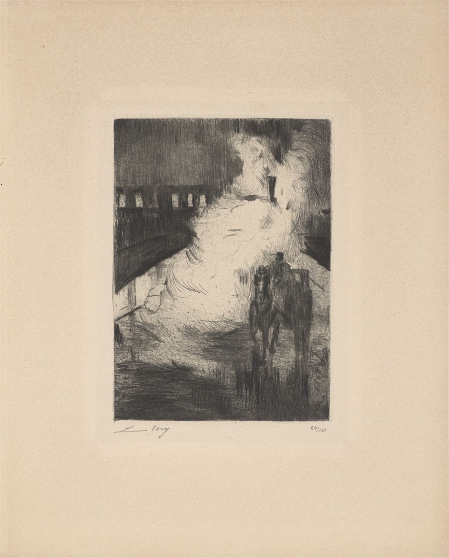 Lesser Ury. „Nächtliche Impression (mit Droschke vor Lokomotivendampf)“. 1924