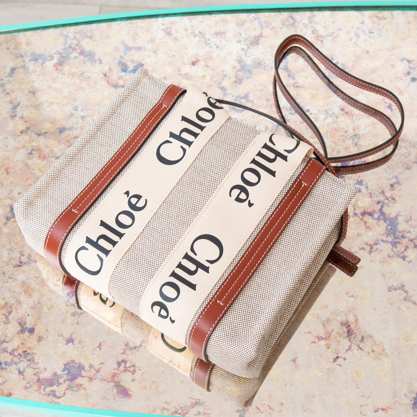 Chloe Woody Small Linen Crossbody Bag