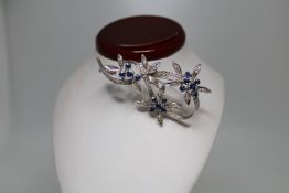 18ct White Gold Art Deco Style Diamond Sapphire Floral Brooch