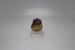 18ct Yellow Gold Ruby Sapphire Emerald Diamond Floral Cocktail Ring