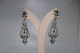 18ct White Gold Art Deco Style Drop Diamond Emerald Earrings