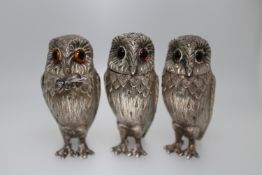 Silver Condiment Set Three Silver Owl Salt, Pepper, Mustard with Mouse Spoon William Comyns & Sons.