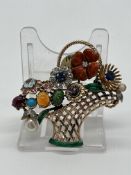 14ct Gold Basket Of Flowers Brooch With Diamonds Sapphires Turquoise Pearl Opal Aquamarine Garnet 5x