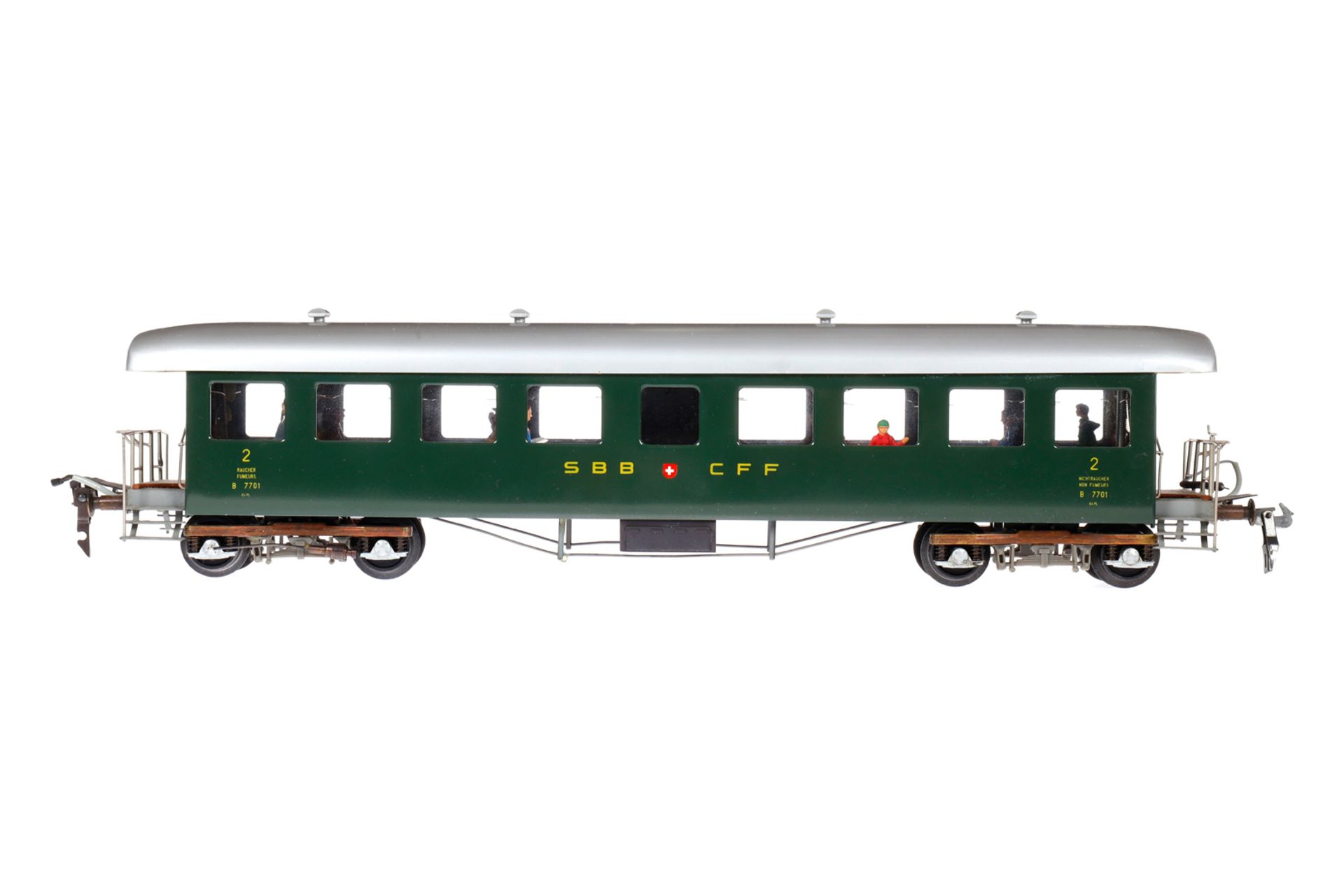 Hermann Personenwagen, Spur 0, grün, mit Inneneinrichtung und Fremdbeleuchtung, 2. Klasse,