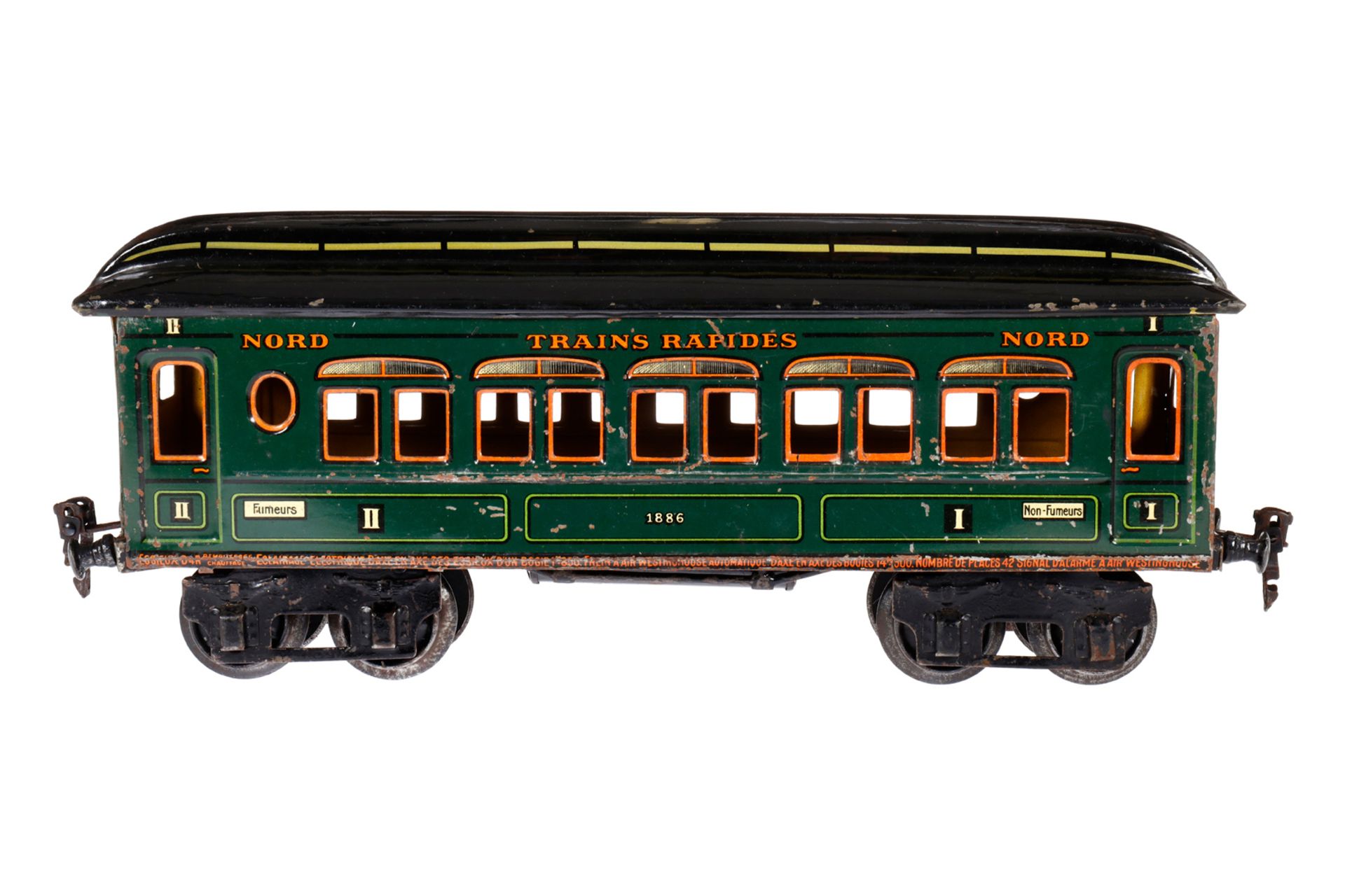 Märklin franz. Personenwagen ”Trains Rapides” 1886, Spur 1, CL, LS und gealterter Lack, L 32,5, Z 3