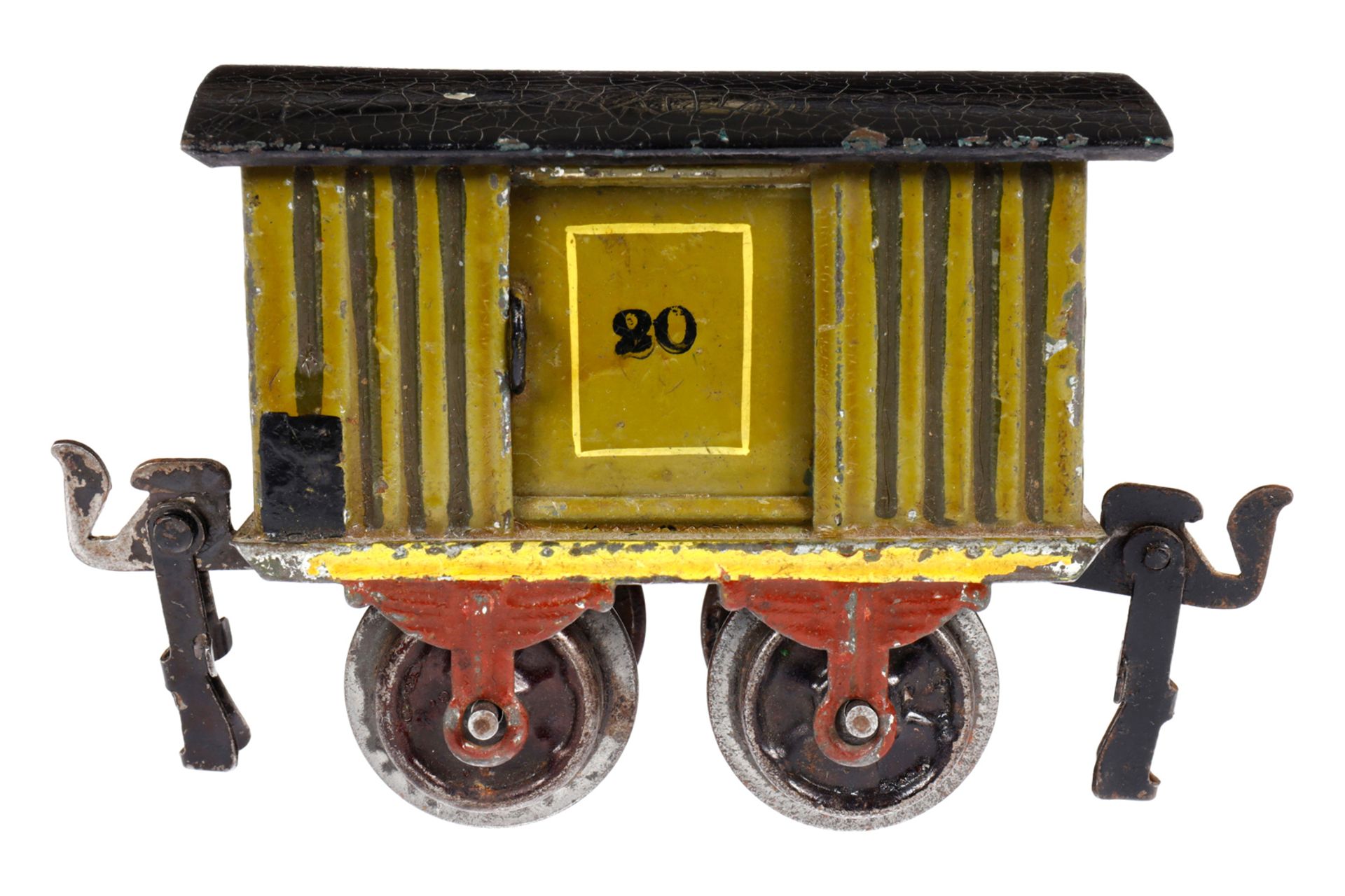 Märklin ged. Güterwagen 1857, Spur 0, uralt, HL, mit 2 ST, LS und gealterter Lack, L 8, Z 2-3