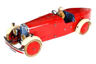 Meccano Rennwagen, rot, Uhrwerk intakt, mit Fahrerfigur, LS und Alterungsspuren, L 32,5, Z 3