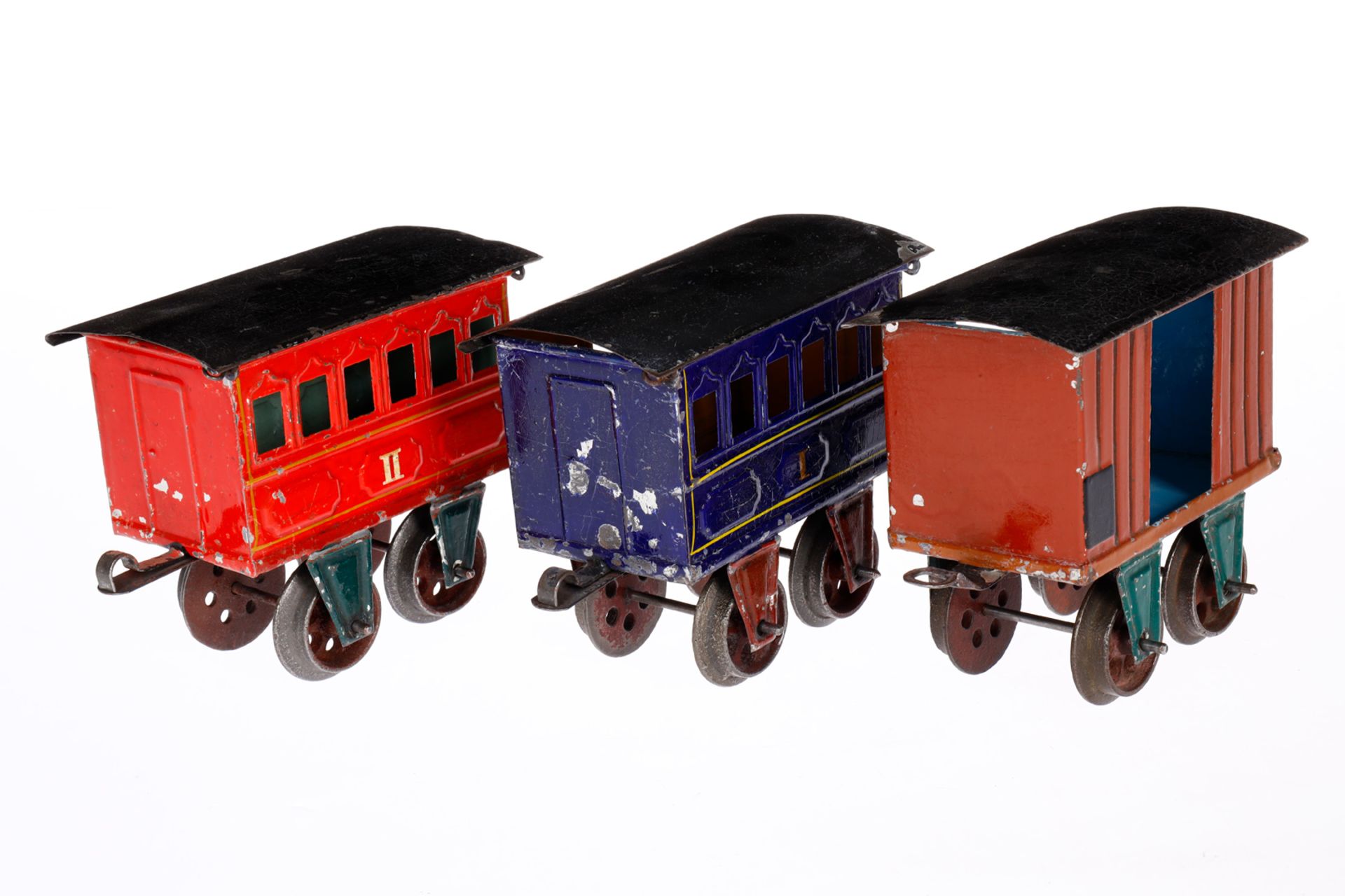 2 Märklin Personen- und 1 ged. Güterwagen 1805/1803, Spur 1, uralt, HL, trapezförmige Achslager, - Bild 2 aus 3