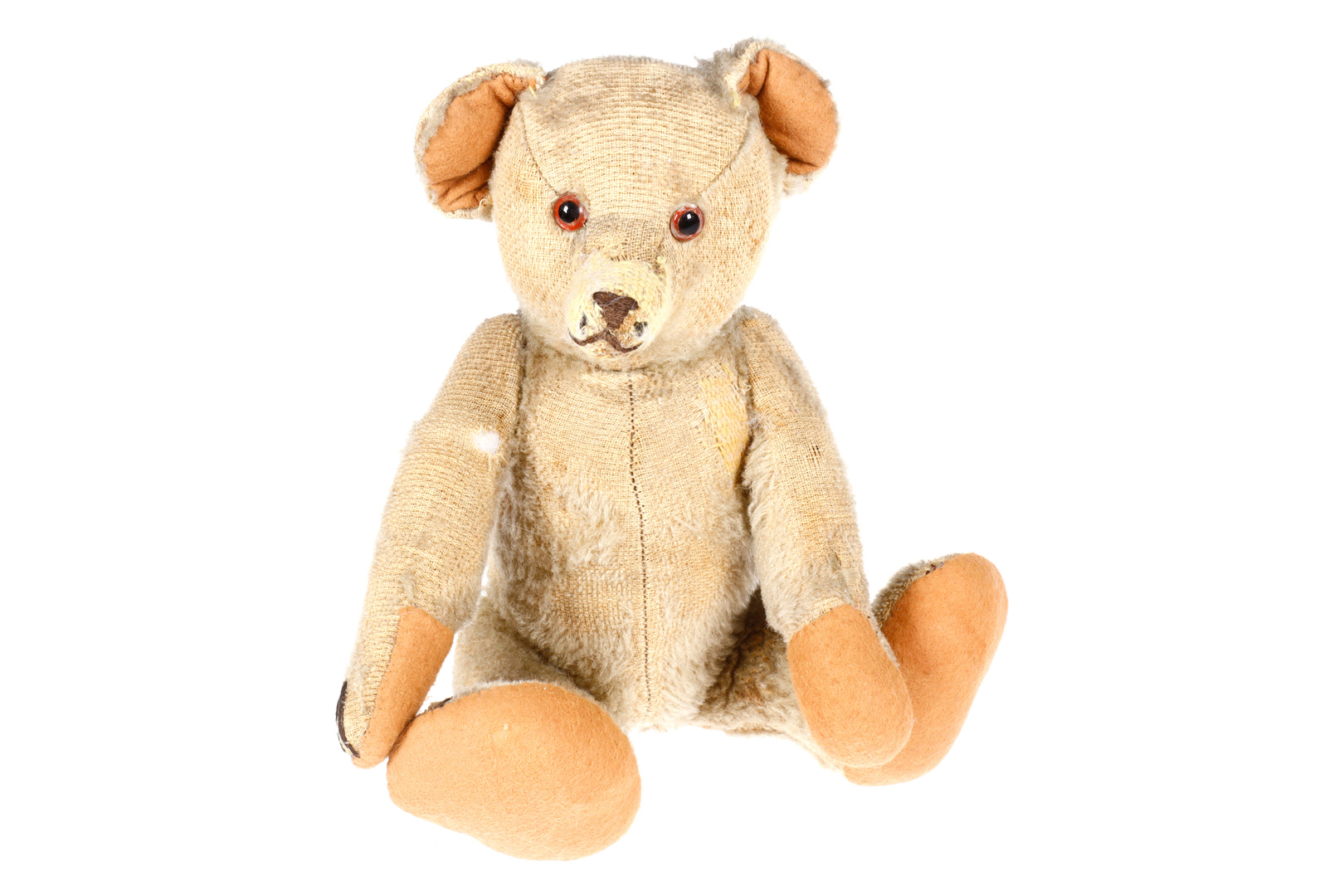 Steiff? Teddy, holzwollegestopft, mit Glasaugen und genähten Tatzen, Fellverlust, H 30, Z 3