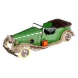 Tri-ang Minic Toys Cabrio, grün/grau, Uhrwerk intakt, mit Schlüssel, Alterungsspuren, L 11,5, Z 3