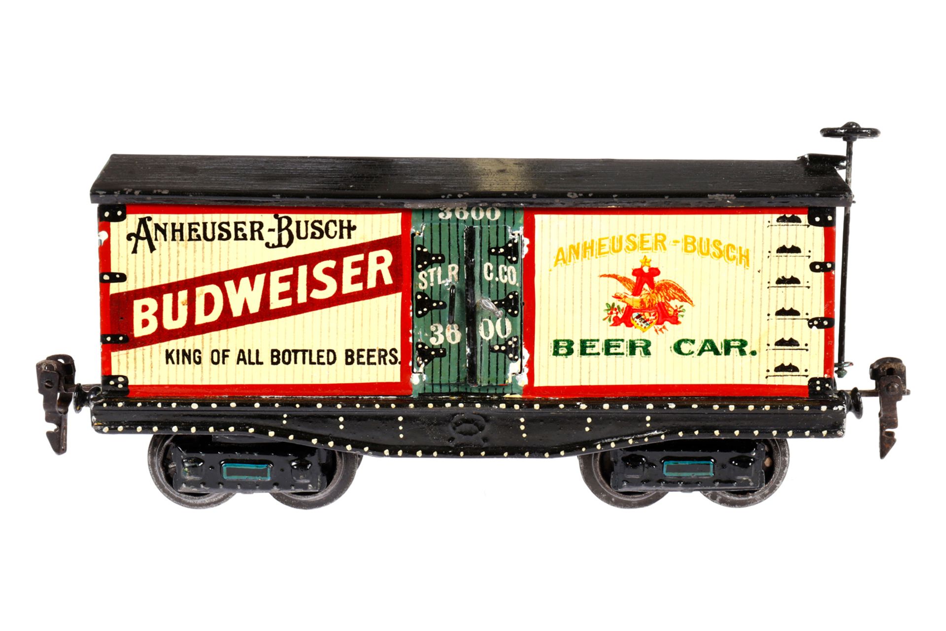 Märklin amerik. Budweiser Bierwagen ”3600” 2960, Spur 0, uralt, HL, mit Bremserrad und 2 DT, LS