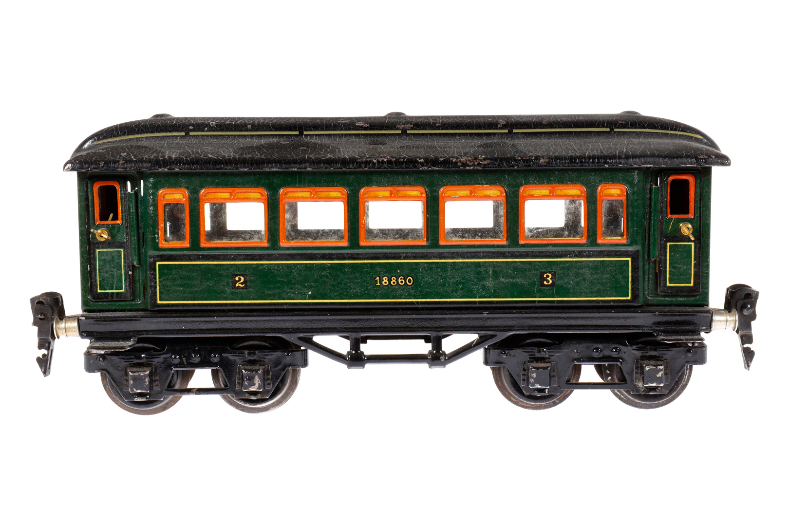 Märklin Personenwagen 1886, Spur 0, CL, mit 4 AT, LS und gealterter Lack, L 21,5, Z 3